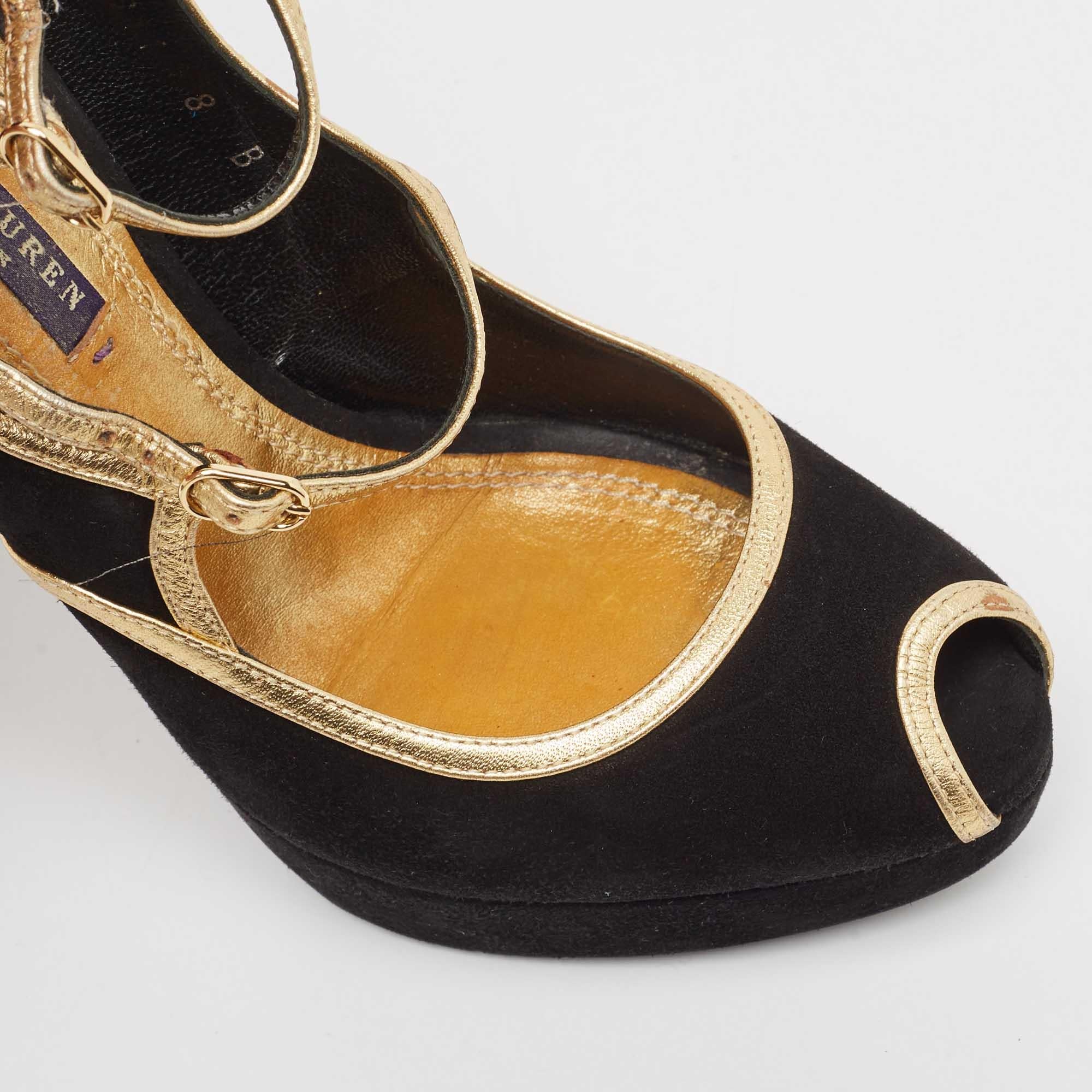 Ralph Lauren Collection Escarpins Peep Toe en cuir et daim noir Taille 38.5 en vente 2