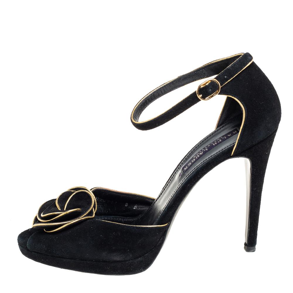 Ralph Lauren Collection Black Suede Rose Peep Toe Ankle Wrap Sandals 38 In Good Condition In Dubai, Al Qouz 2