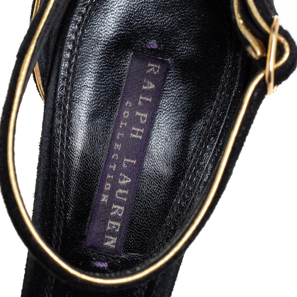 Women's Ralph Lauren Collection Black Suede Rose Peep Toe Ankle Wrap Sandals 38