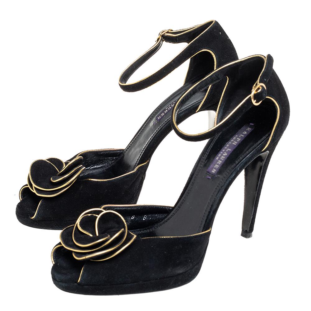Ralph Lauren Collection Black Suede Rose Peep Toe Ankle Wrap Sandals 38 1