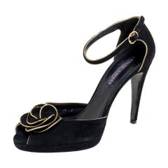 Ralph Lauren Collection Black Suede Rose Peep Toe Ankle Wrap Sandals 38
