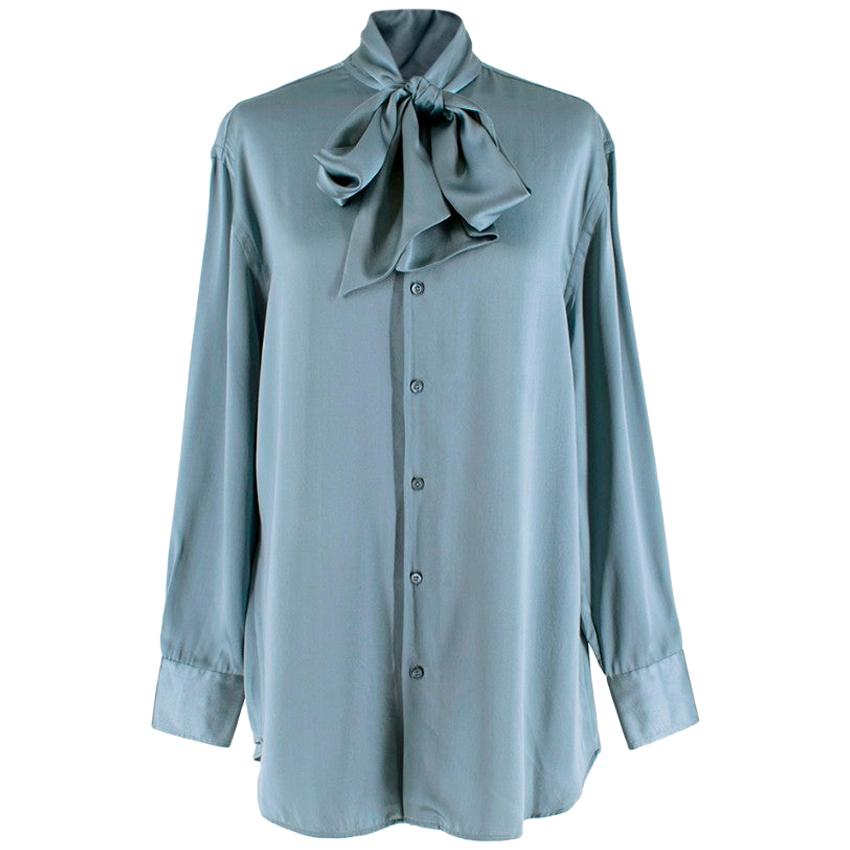 Ralph Lauren Collection Blue Silk Tie-Neck Blouse - Size US 6 For Sale