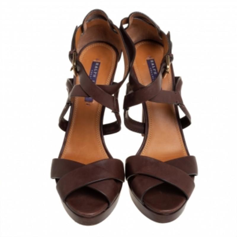 Black Ralph Lauren Collection Brown  Leather Ankle Strap  Sandals Size 40.5 For Sale