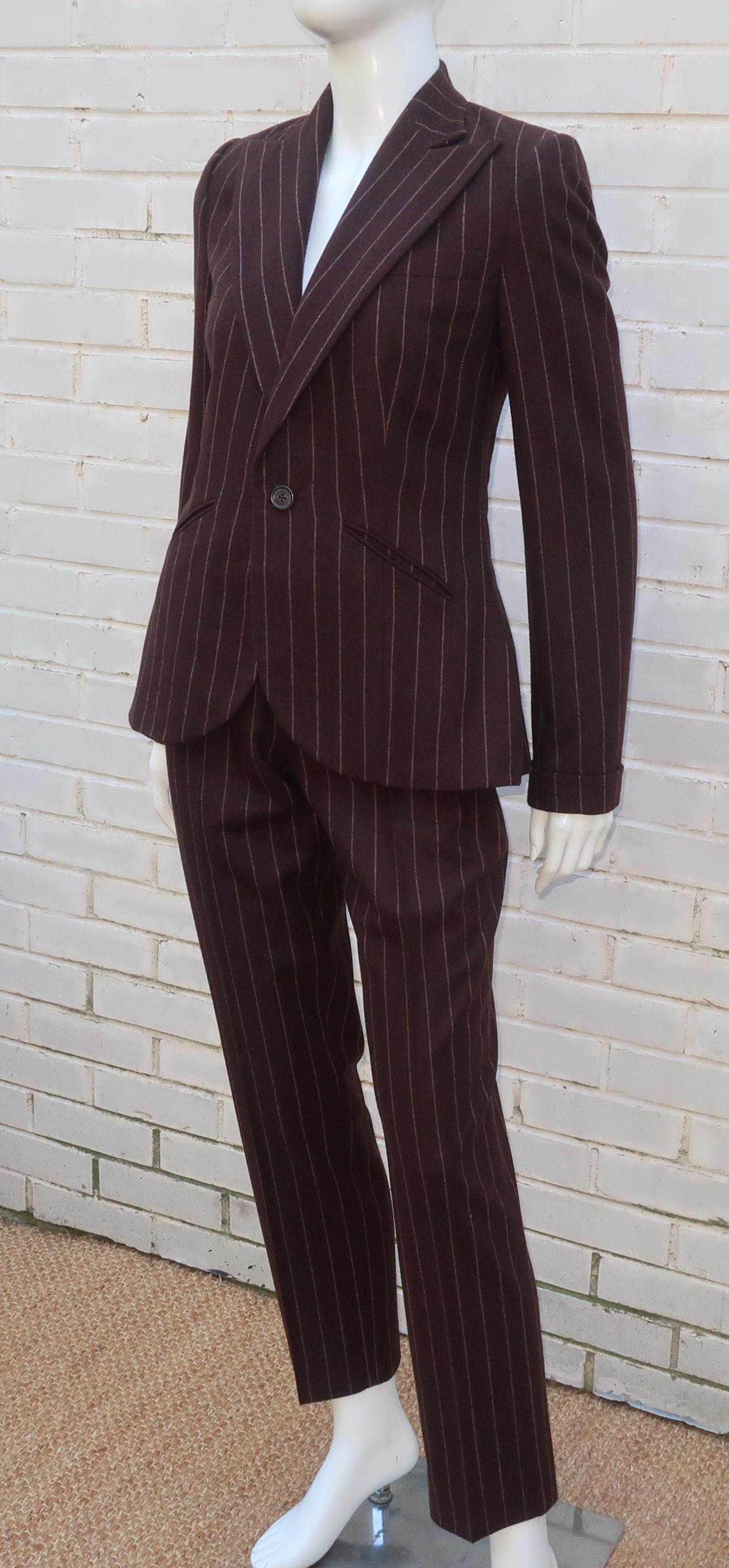 Ralph Lauren Collection Brown Wool Pinstripe Pant Suit In Good Condition In Atlanta, GA