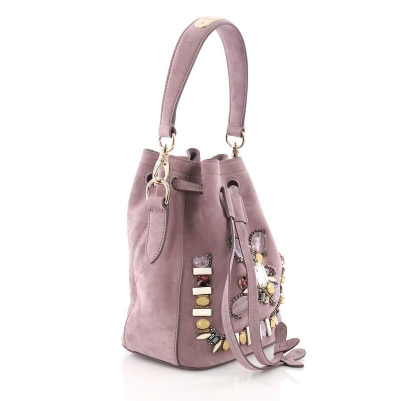 Brown Ralph Lauren Collection Drawstring Bucket Bag Crystal and Bead Embellished Suede