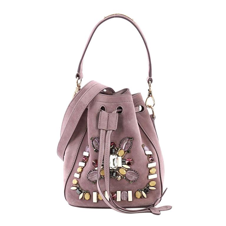 Ralph Lauren Collection Drawstring Bucket Bag Crystal and Bead Embellished Suede