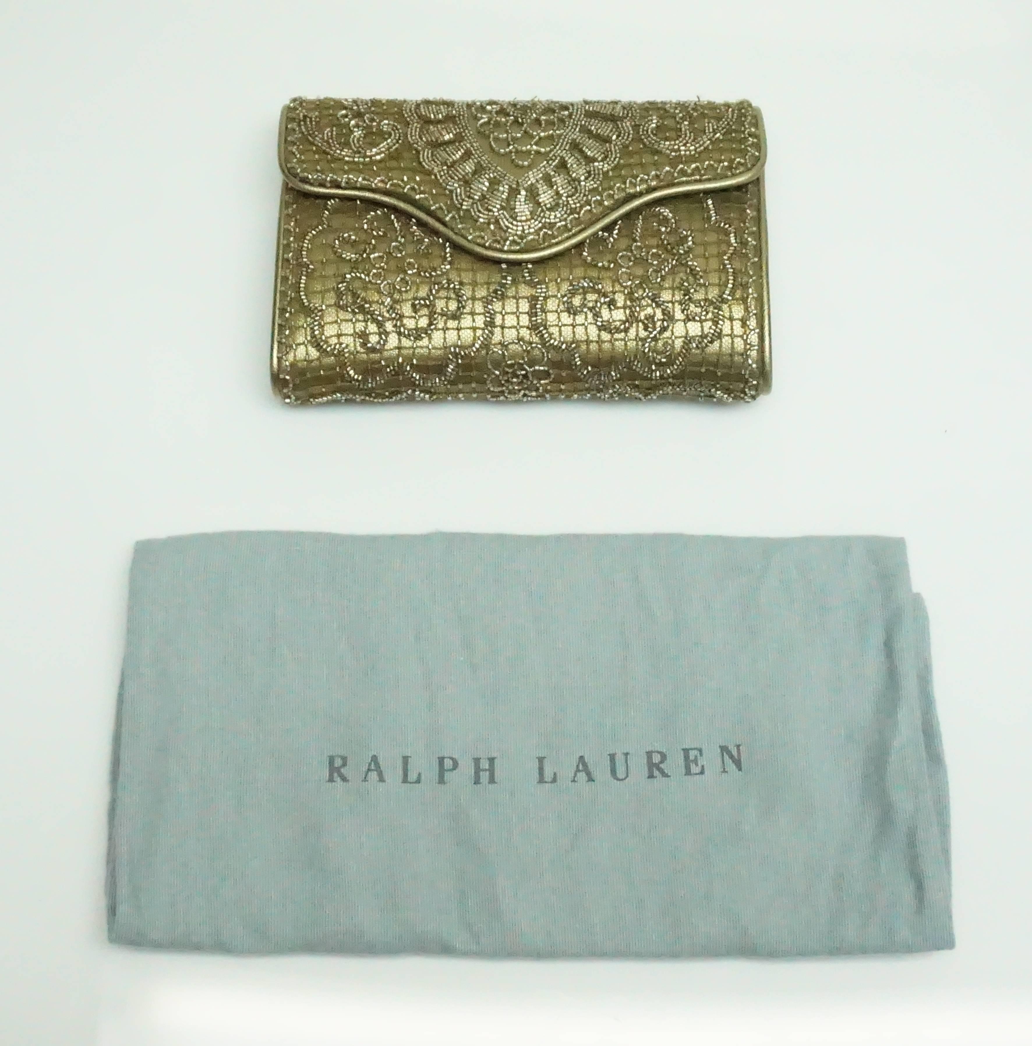 Ralph Lauren Collection Gold/Bronze Leather Beaded Clutch  2
