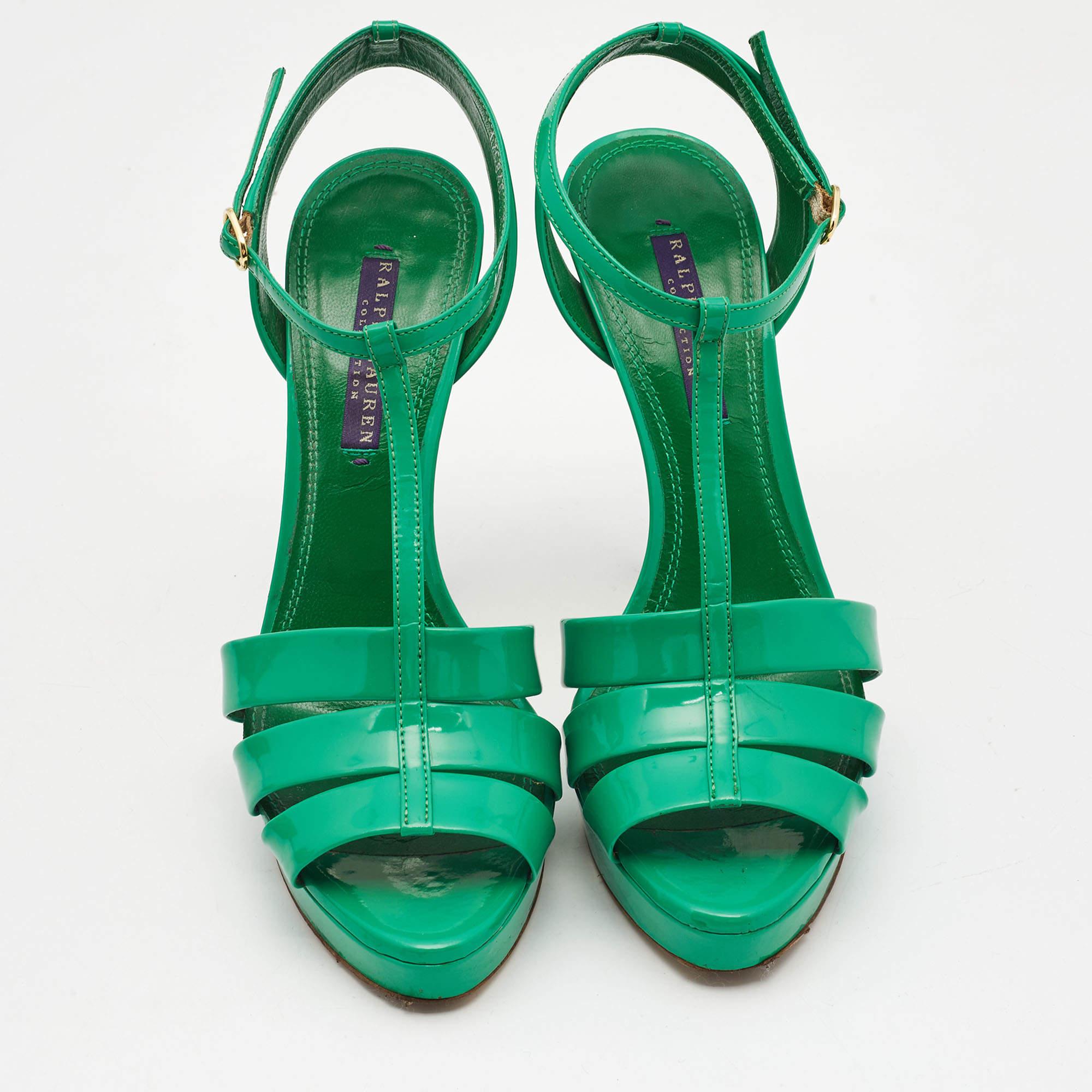 Ralph Lauren Collection Green Patent Leather T Strap Peep Toe Sandals Size 38 In Good Condition In Dubai, Al Qouz 2