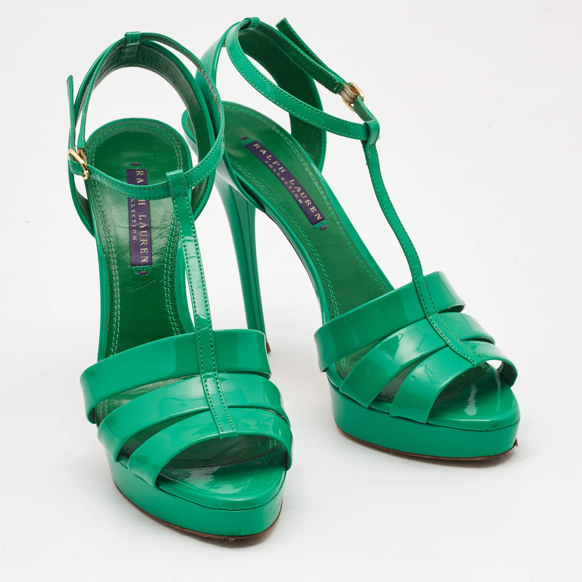 Women's Ralph Lauren Collection Green Patent Leather T Strap Peep Toe Sandals Size 38