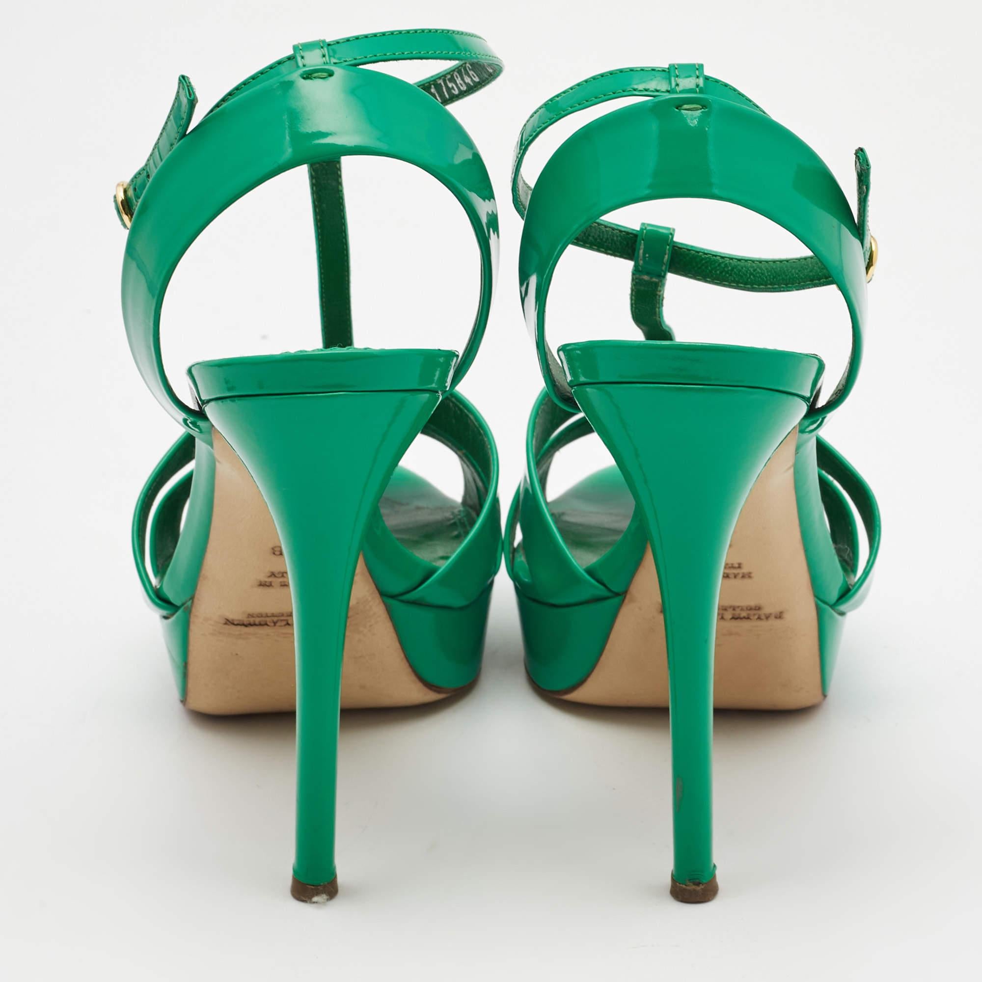 Ralph Lauren Collection Green Patent Leather T Strap Peep Toe Sandals Size 38 1