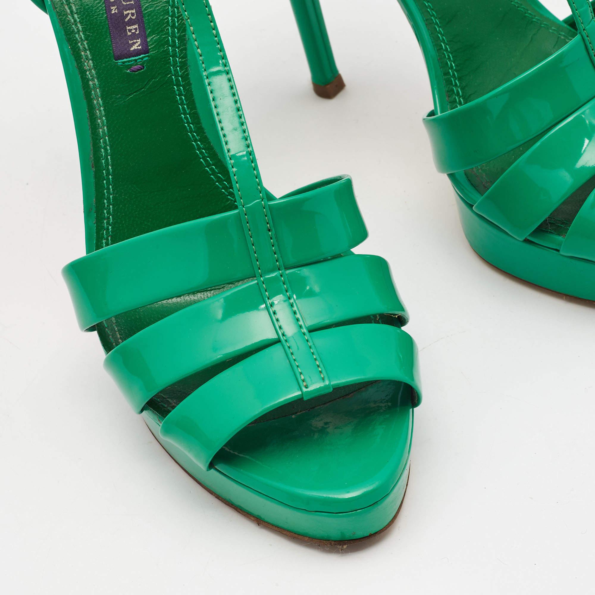 Ralph Lauren Collection Green Patent Leather T Strap Peep Toe Sandals Size 38 3