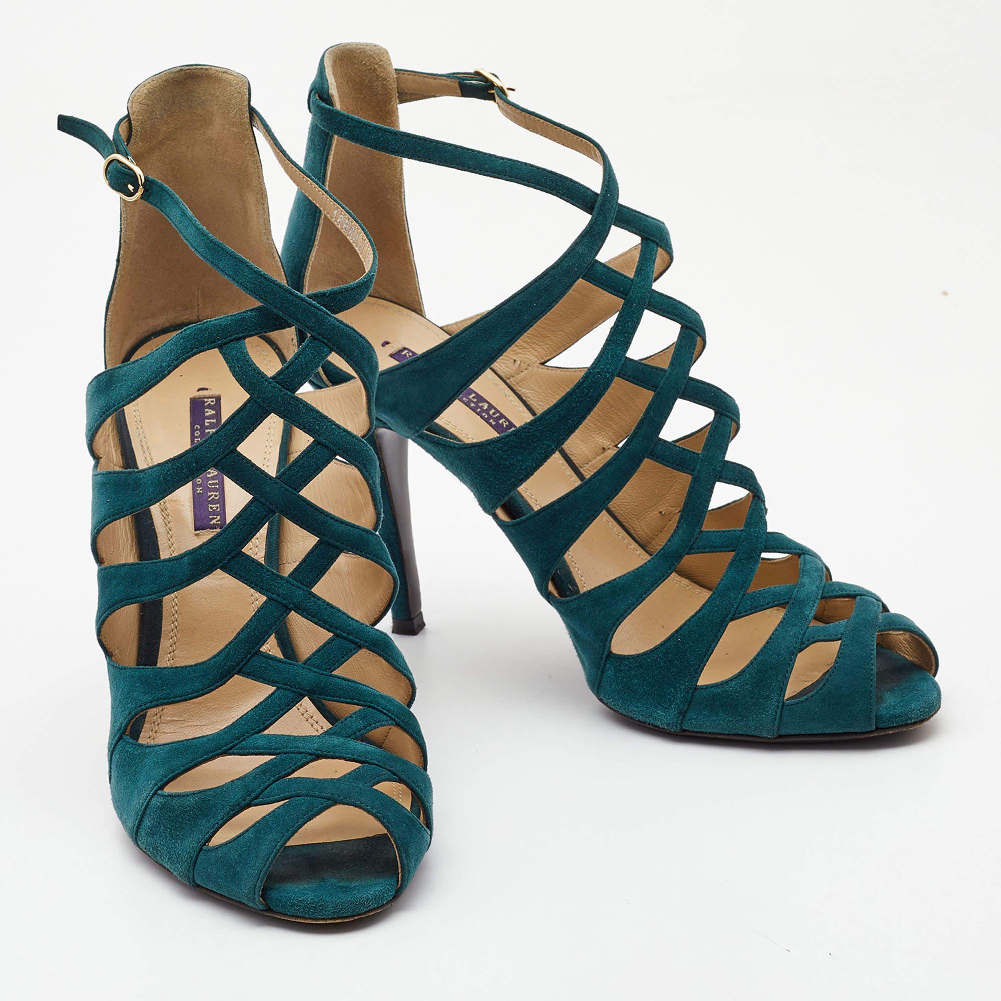 Ralph Lauren Collection'S Sandali con cinturino alla caviglia in pelle scamosciata verde misura 41,5 In condizioni discrete in vendita a Dubai, Al Qouz 2