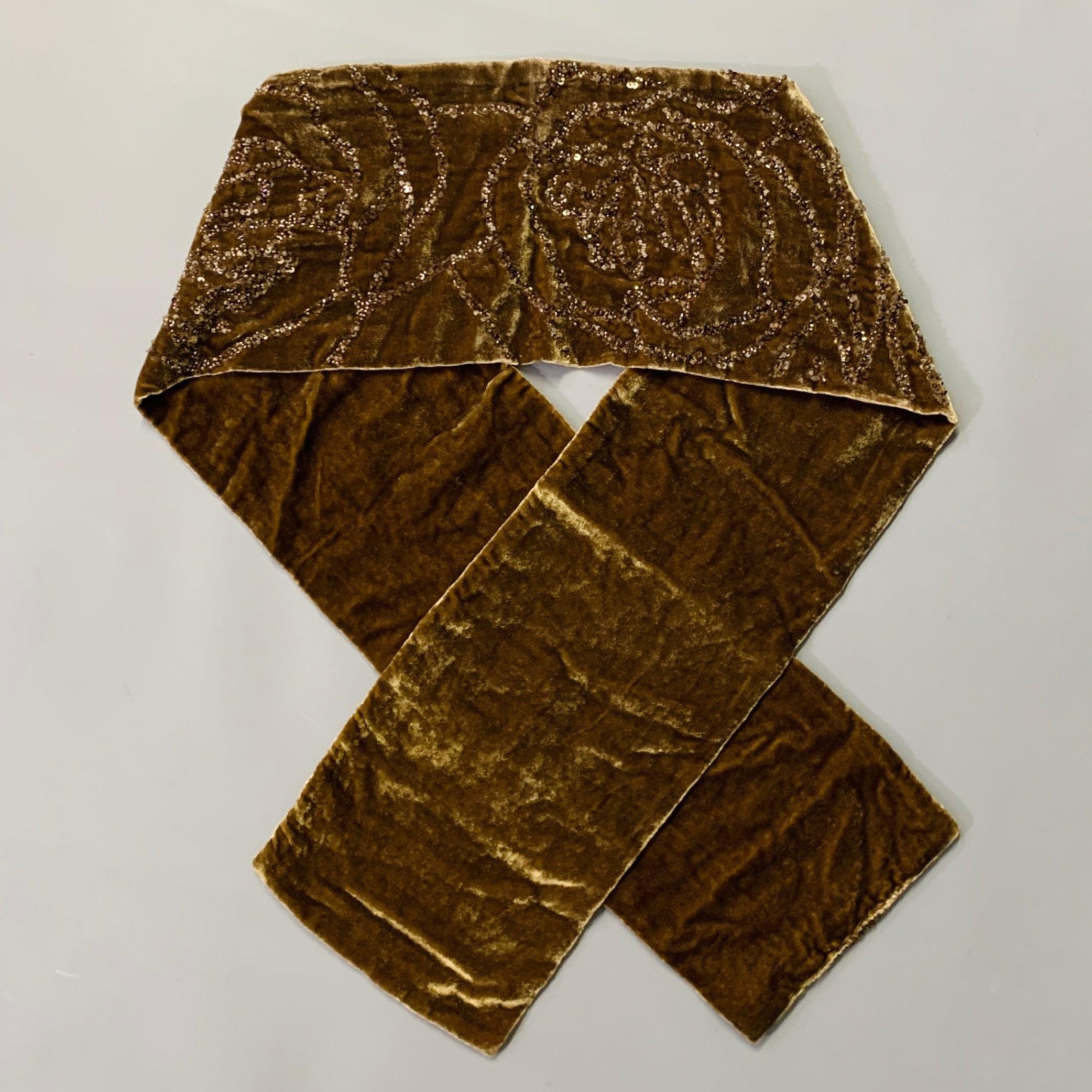 RALPH LAUREN COLLECTION Khaki Beaded Floral Viscose Silk Velvet Scarf In Excellent Condition For Sale In San Francisco, CA