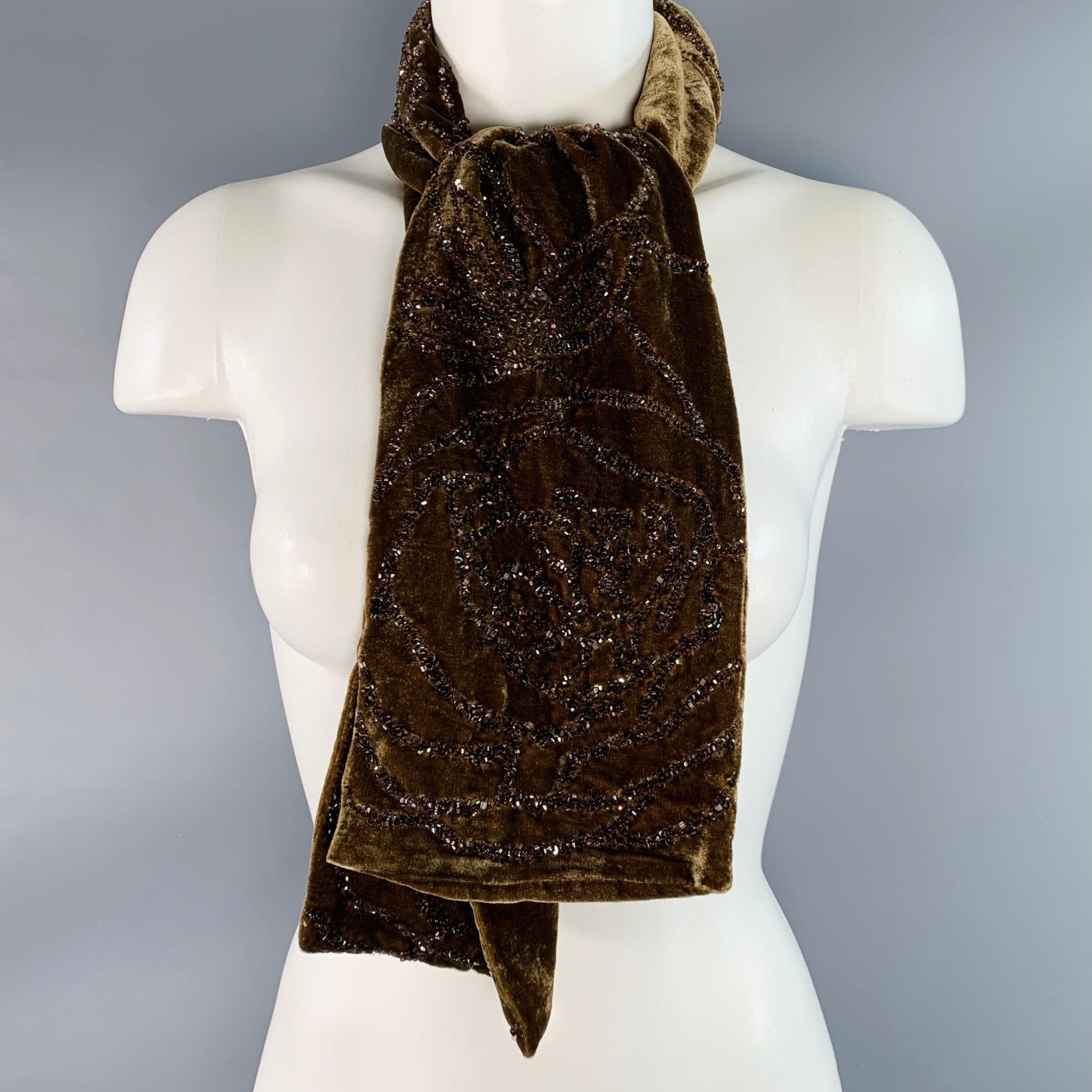 RALPH LAUREN COLLECTION Khaki Beaded Floral Viscose Silk Velvet Scarf For Sale 1