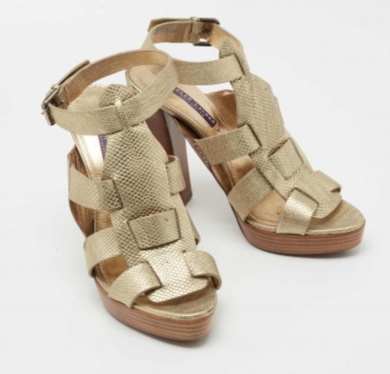 Marron Ralph Lauren Collection Lizard Embossed Leather Ankle Strap Sandals Size 40.5 en vente