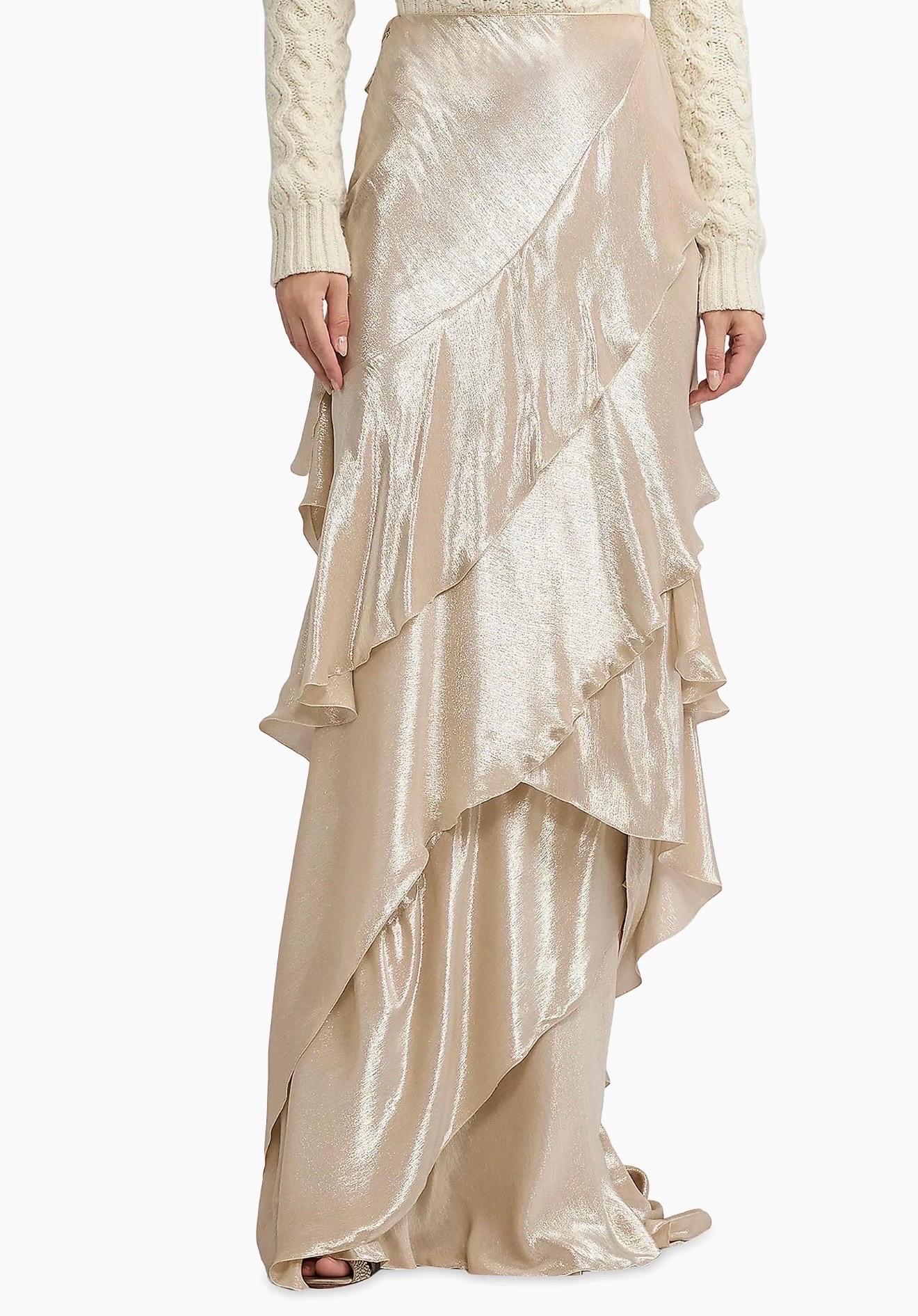 Beige RALPH LAUREN COLLECTION Maxi gonna a cascata in misto seta metallizzata con strascico US 6 in vendita