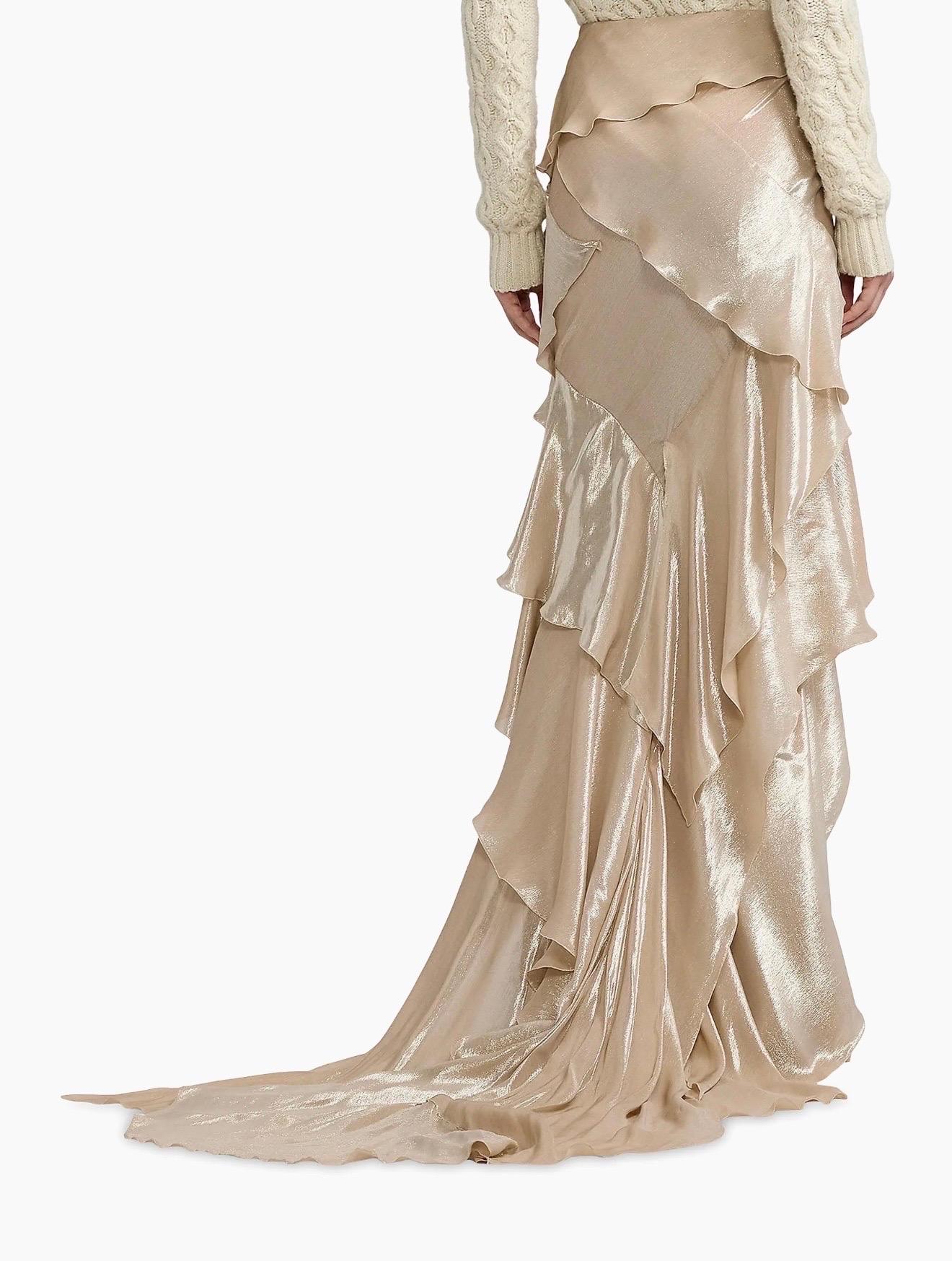 RALPH LAUREN COLLECTION Maxi gonna a cascata in misto seta metallizzata con strascico US 6 In condizioni Nuovo in vendita a Woodland Hills, CA
