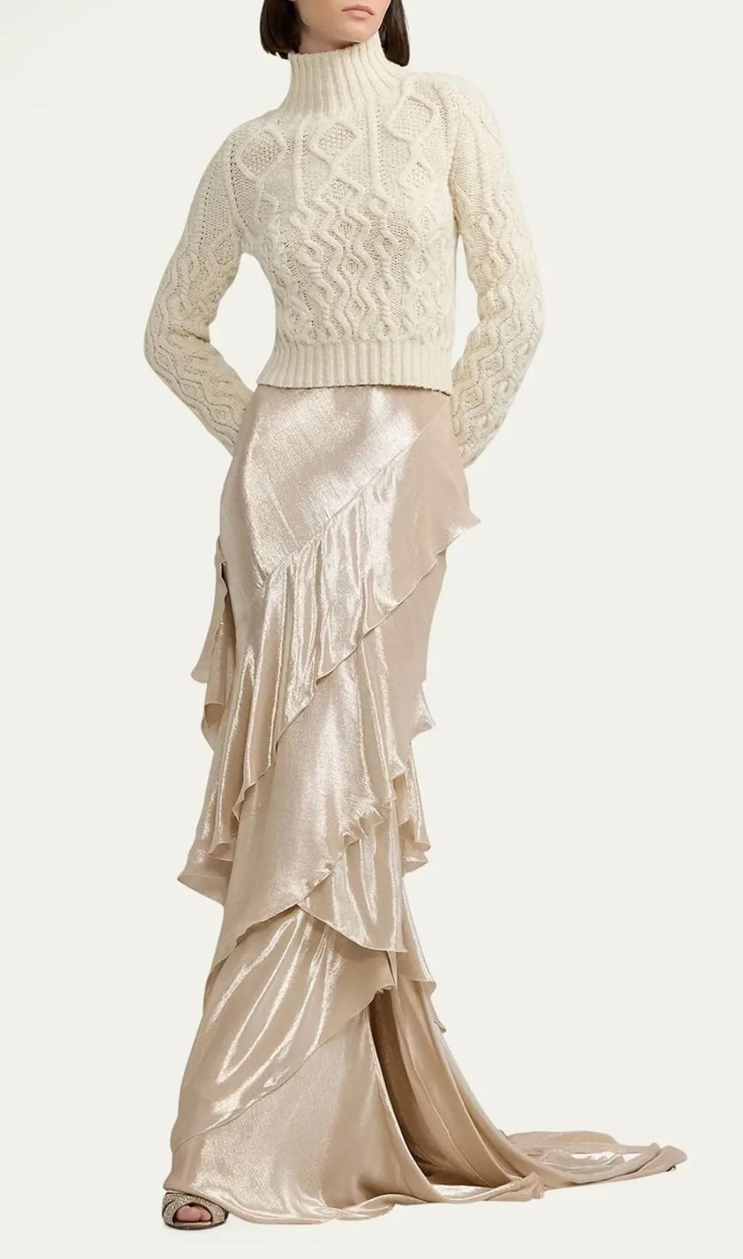 RALPH LAUREN COLLECTION Maxi gonna a cascata in misto seta metallizzata con strascico US 6 in vendita 2