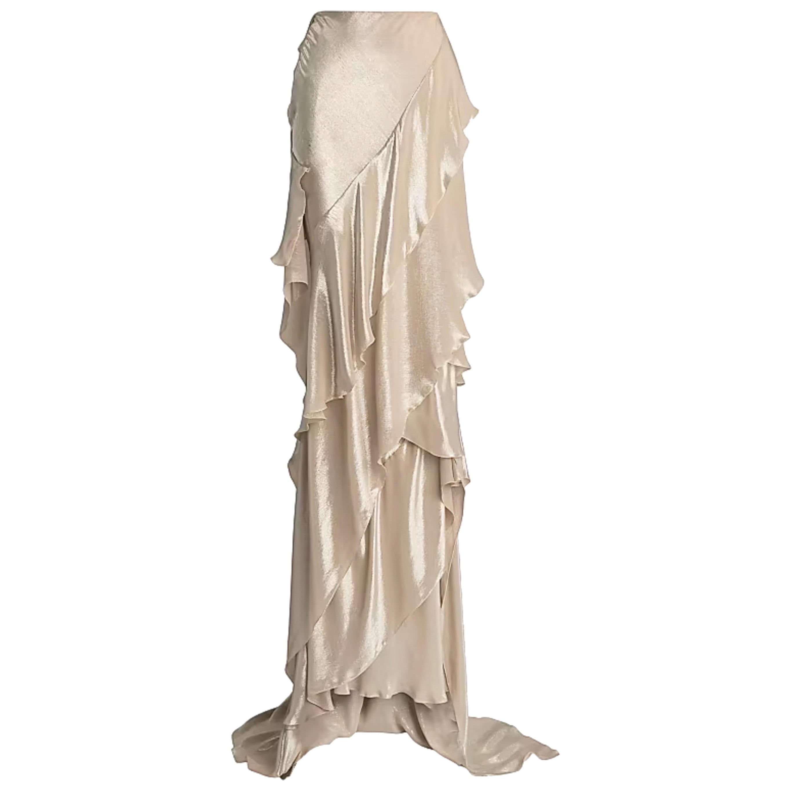 RALPH LAUREN COLLECTION Maxi gonna a cascata in misto seta metallizzata con strascico US 6