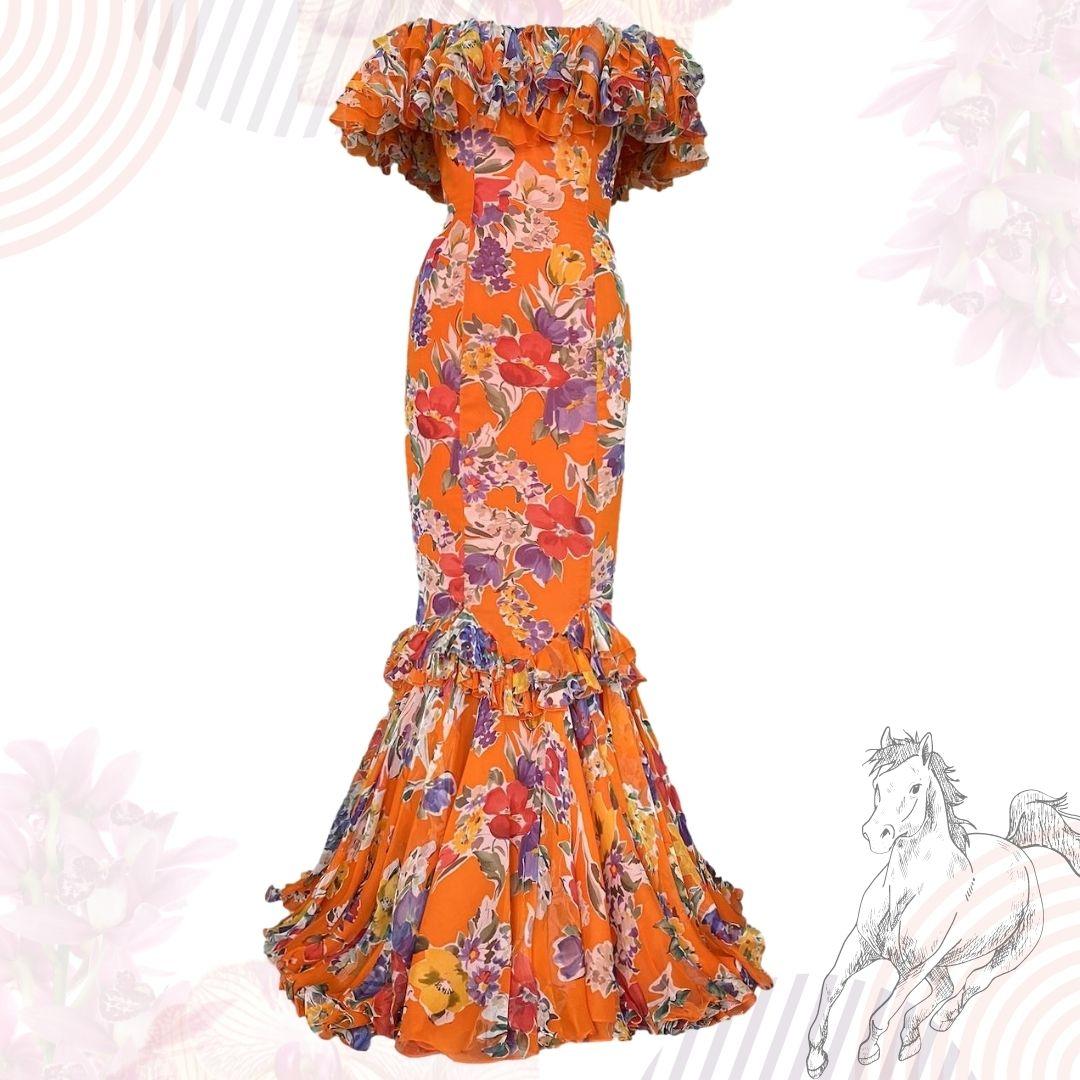 Ralph Lauren Purple Label - Full length orange floral silk evening gown with feminine flowing ruffles.  The dress was on the Spring/Summer 2008 40th Anniversary runway show.  This is part of the famous Ascot Collection and perfect for events during