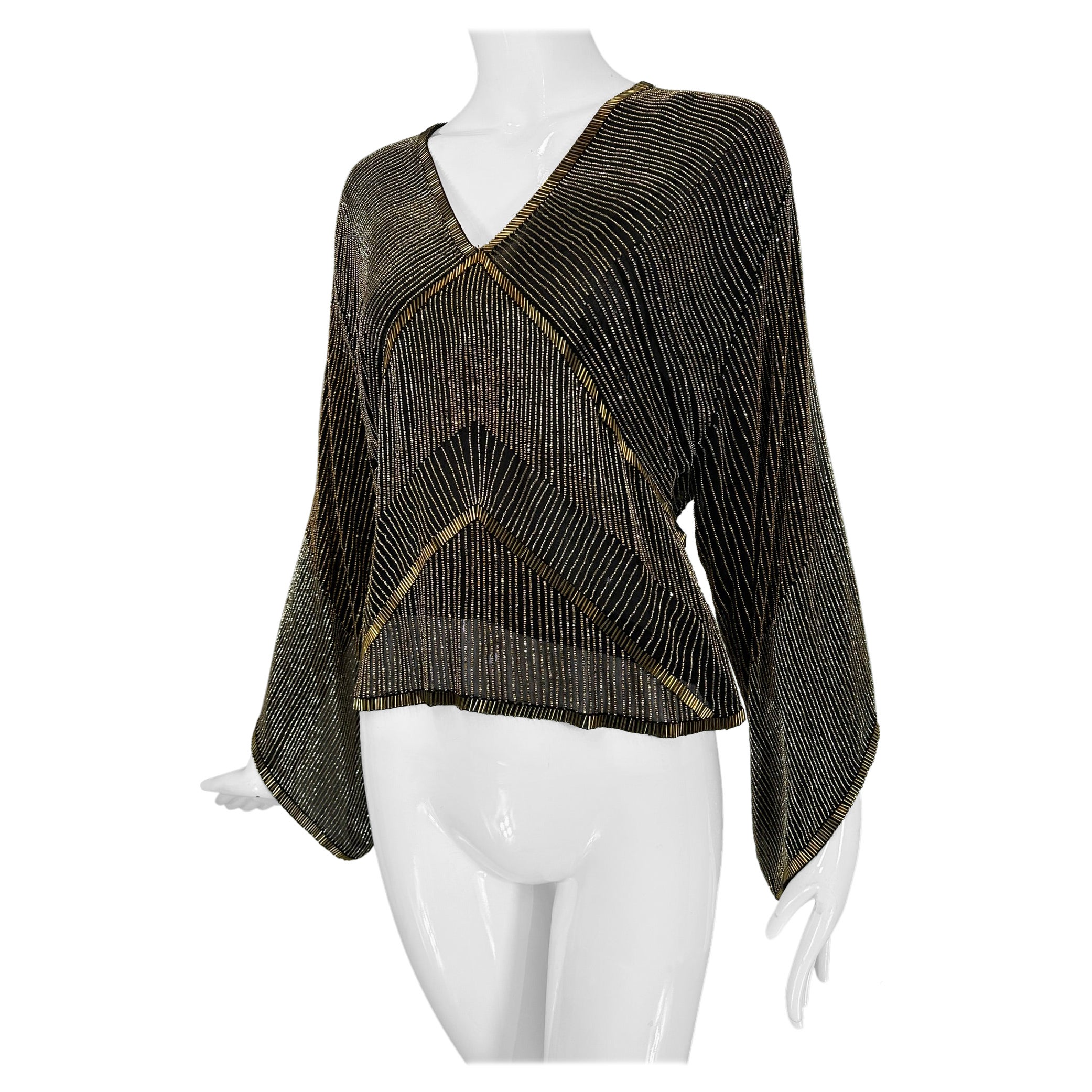 Ralph Lauren Collection Purple Label Gold Beaded Silk V neck Slit Sleeve Top 2