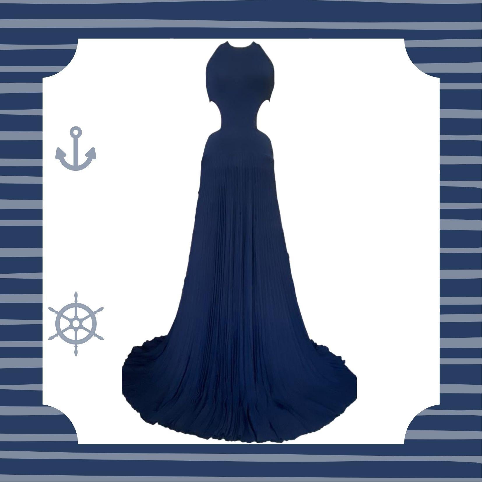 Ralph Lauren Purple Label - Full length classic navy maxi dress with accordion pleated skirt.   The fabric is a unique bland of viscose nylon and elastane and the inner lining is semitransparent viscose.  This dress has a halter neck and a cut out
