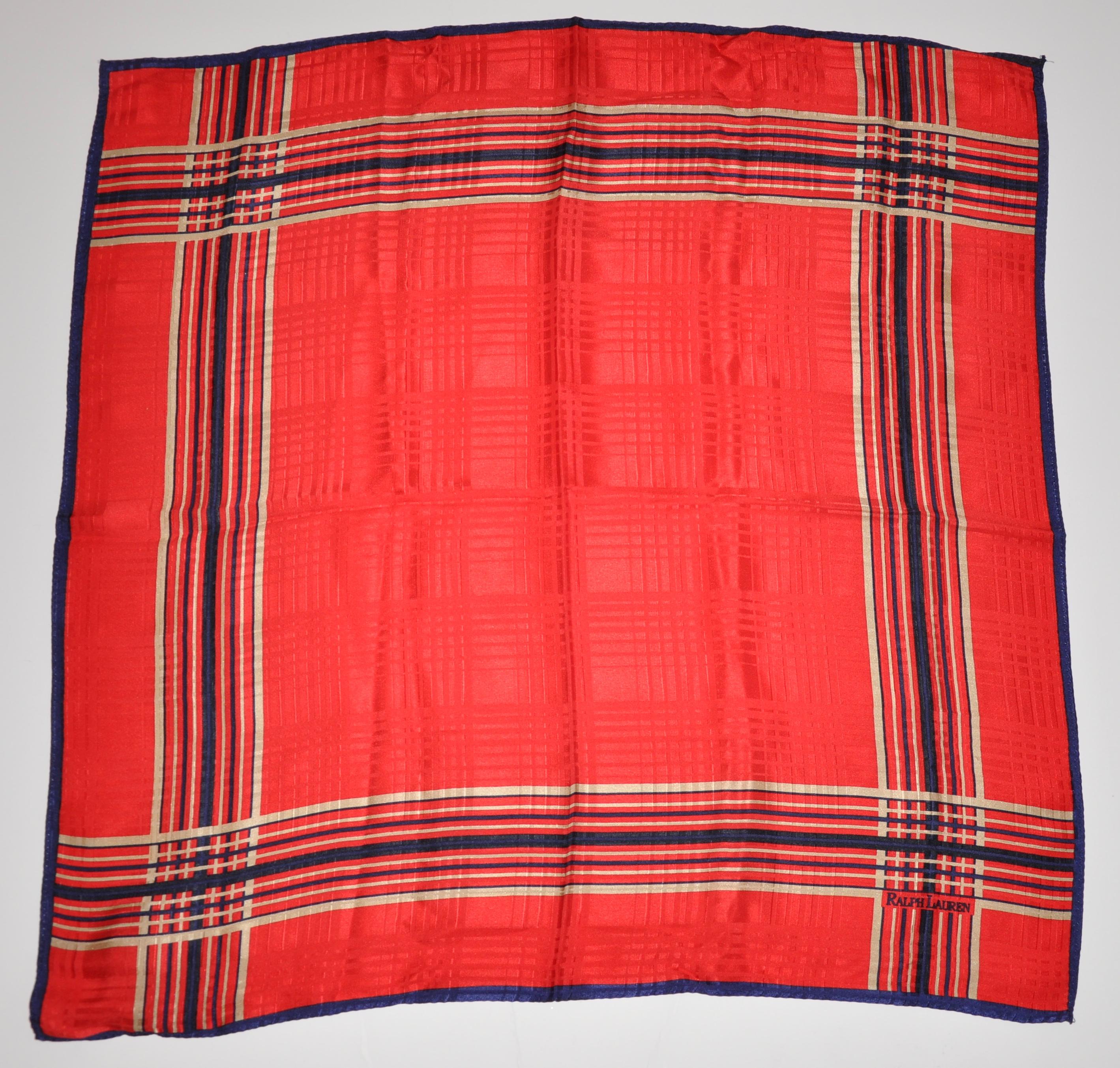 Ralph Lauren "Collection" Purple Label Rose Red, Navy and Cream Plaid Silk  Scarf For Sale at 1stDibs