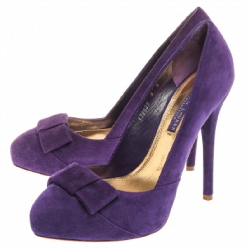 Ralph Lauren Collection Purple Suede Bow Detail Platform Pumps Size 38 For Sale 2