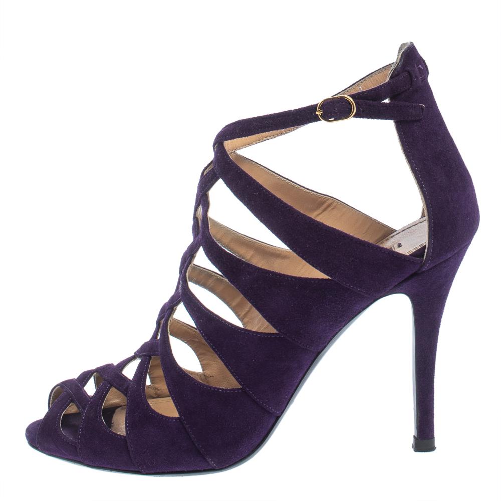 Women's Ralph Lauren Collection Purple Suede Caged Ankle Strap Sandals Size 37