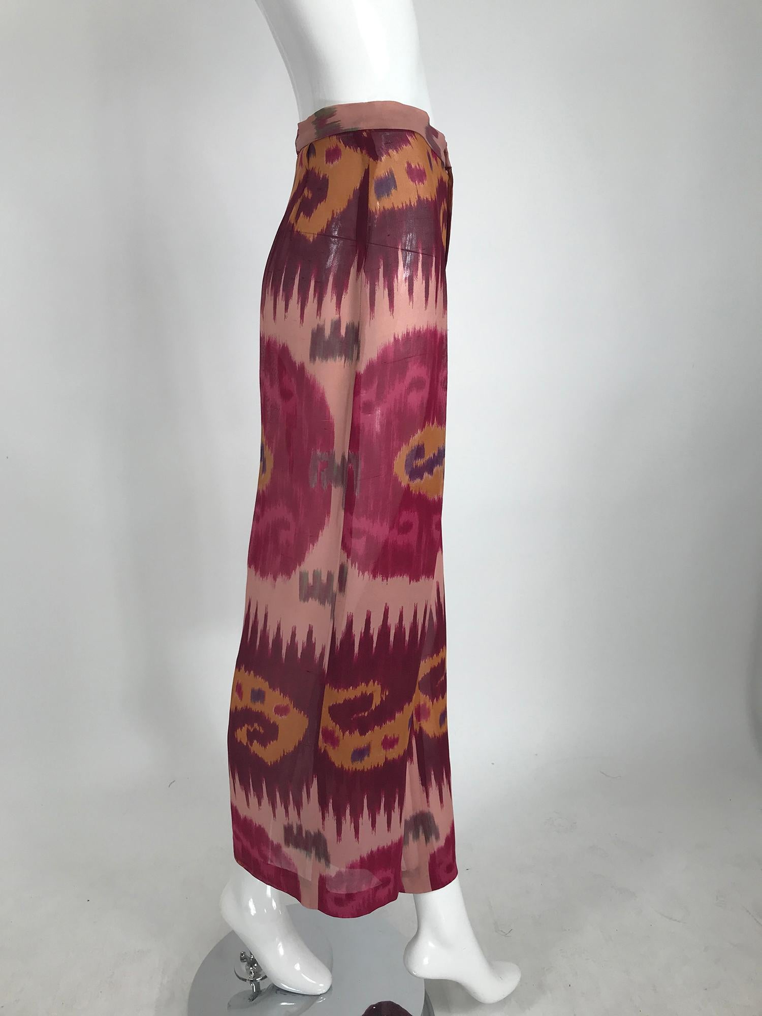 Marron Ralph Lauren Collection - Pantalon à jambes larges en soie imprimée Ikat en vente