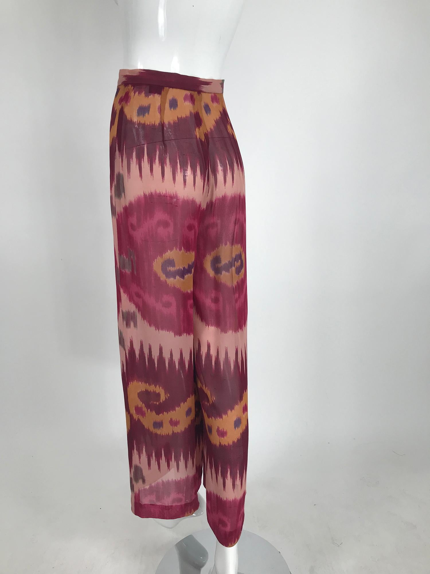 Brown Ralph Lauren Collection Silk Ikat Printed Wide Leg Trouser For Sale