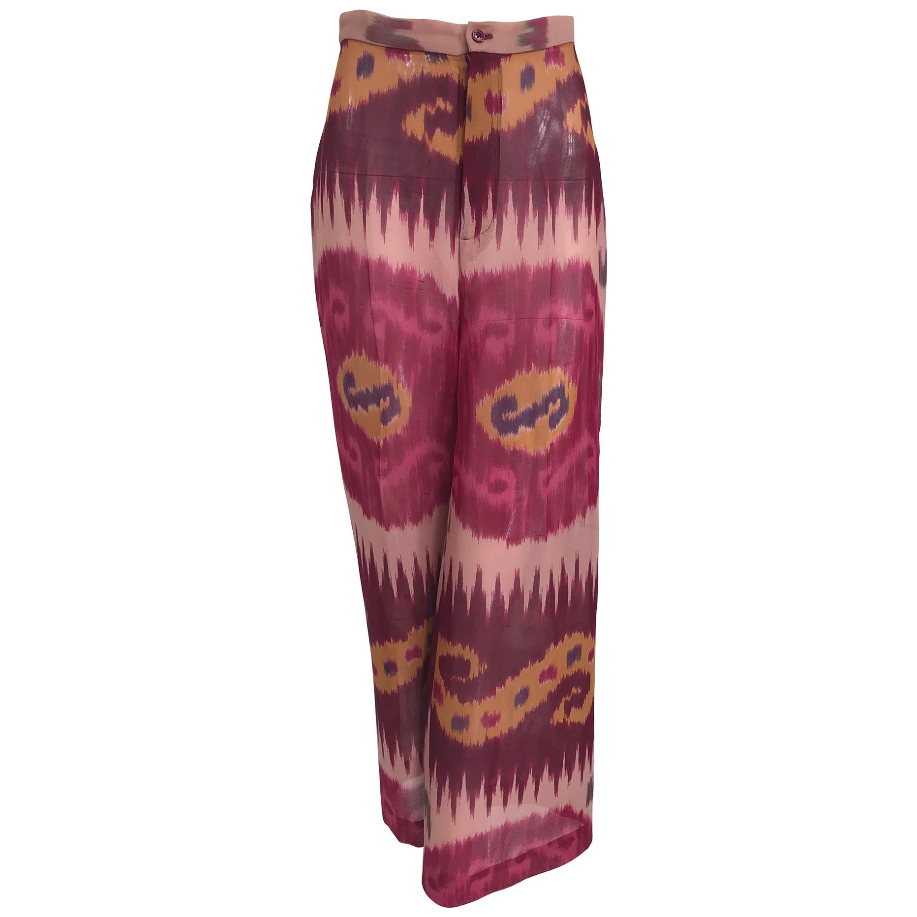 Ralph Lauren Collection - Pantalon à jambes larges en soie imprimée Ikat en vente
