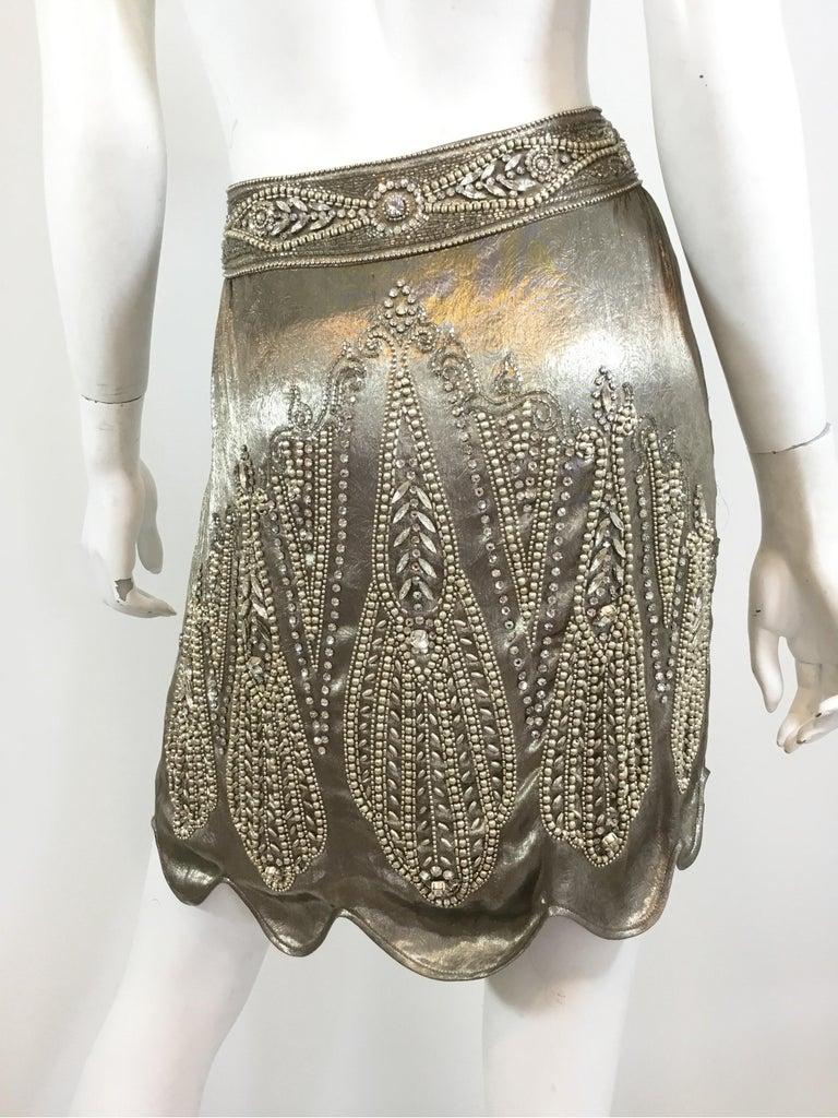 Ralph Lauren Collection Silver Lamé Embellished Skirt In Excellent Condition In Carmel, CA