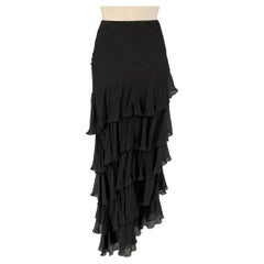 RALPH LAUREN Collection - Jupe longue asymétrique à volants en soie noire, taille 10