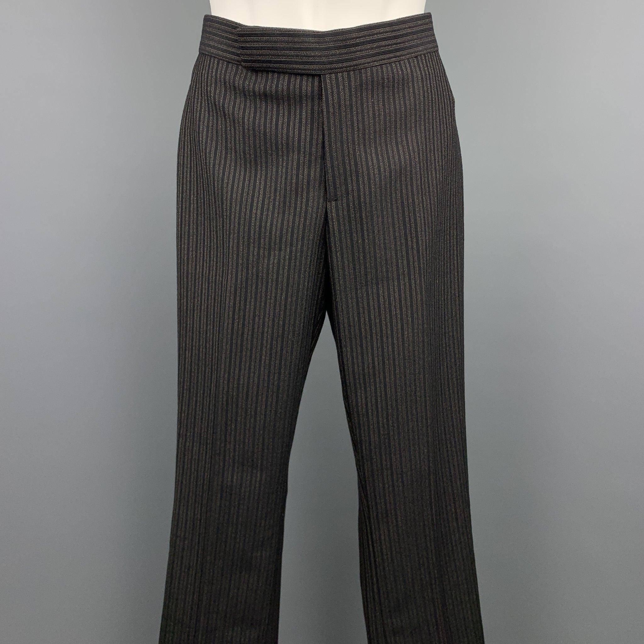 RALPH LAUREN COLLECTION dress pants comes in a black & grey striped wool featuring a straight leg, front tab, and a zip fly closure. Made in USA.Excellent
Pre-Owned Condition. 

Marked:   US 2 

Measurements: 
  Waist: 27 inches 
Rise: 7 inches