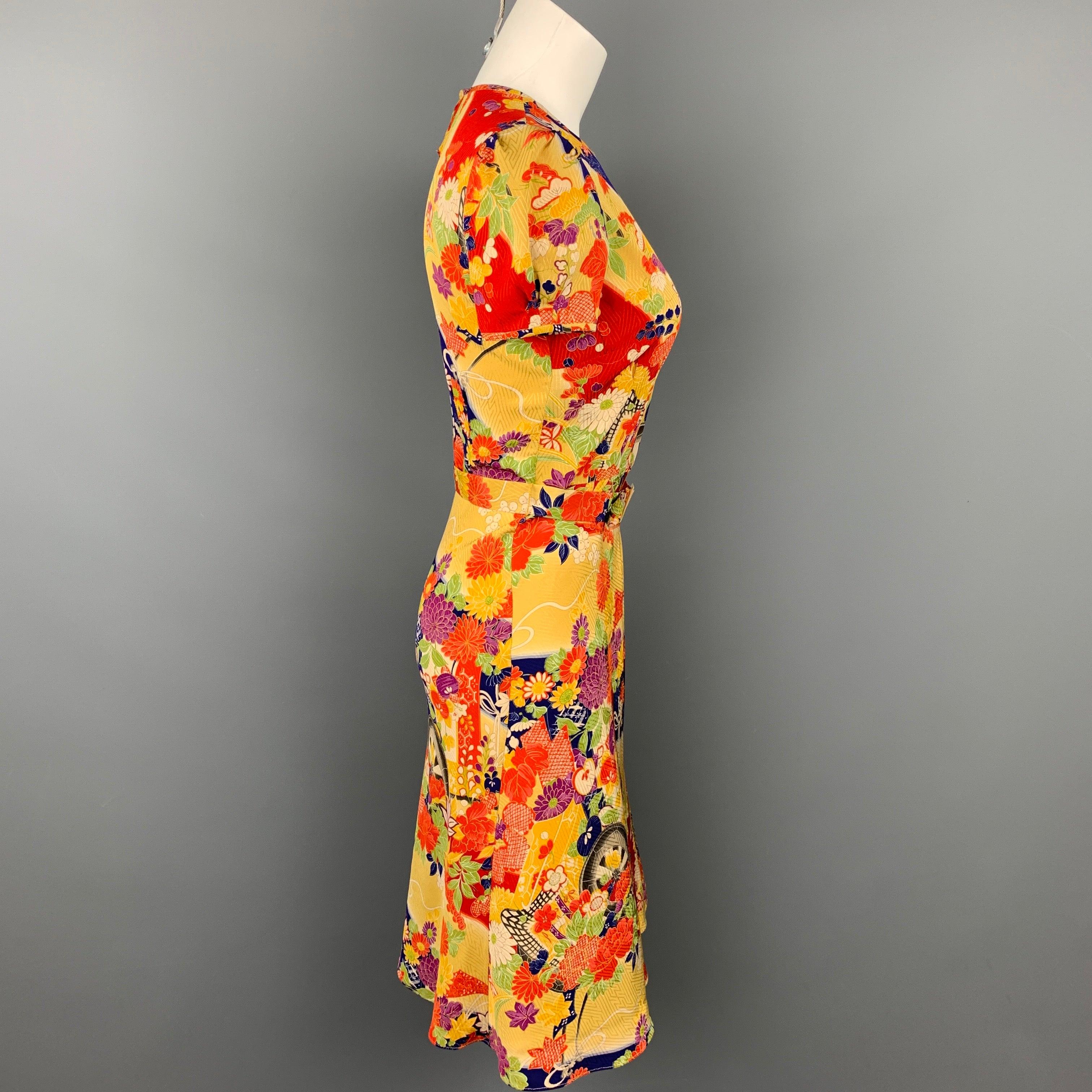 RALPH LAUREN Collection Size 2 Multi-Color Floral Silk Belted Dress In Good Condition For Sale In San Francisco, CA