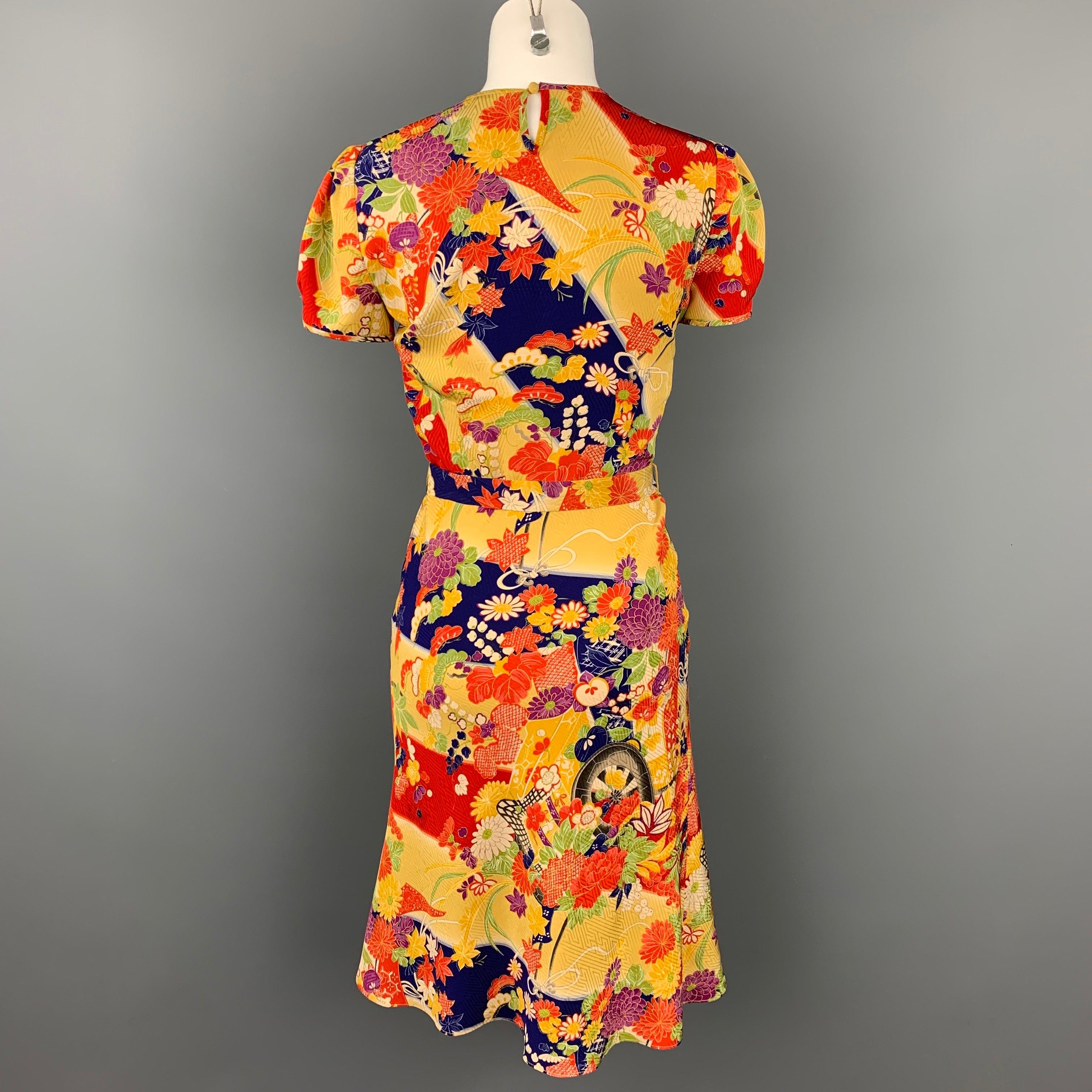 Women's RALPH LAUREN Collection Size 2 Multi-Color Floral Silk Belted Dress For Sale