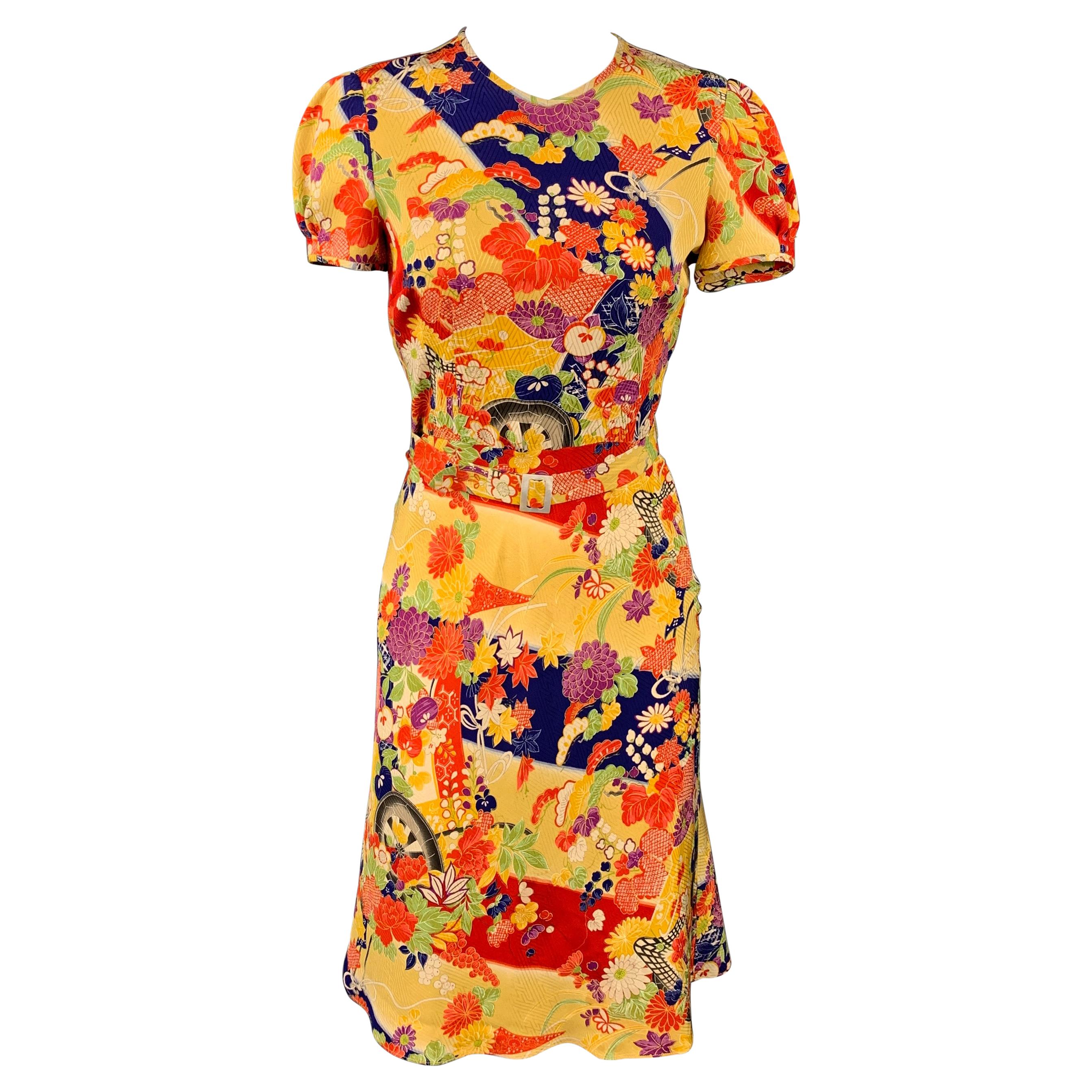RALPH LAUREN Collection Size 2 Multi-Color Floral Silk Belted Dress For  Sale at 1stDibs