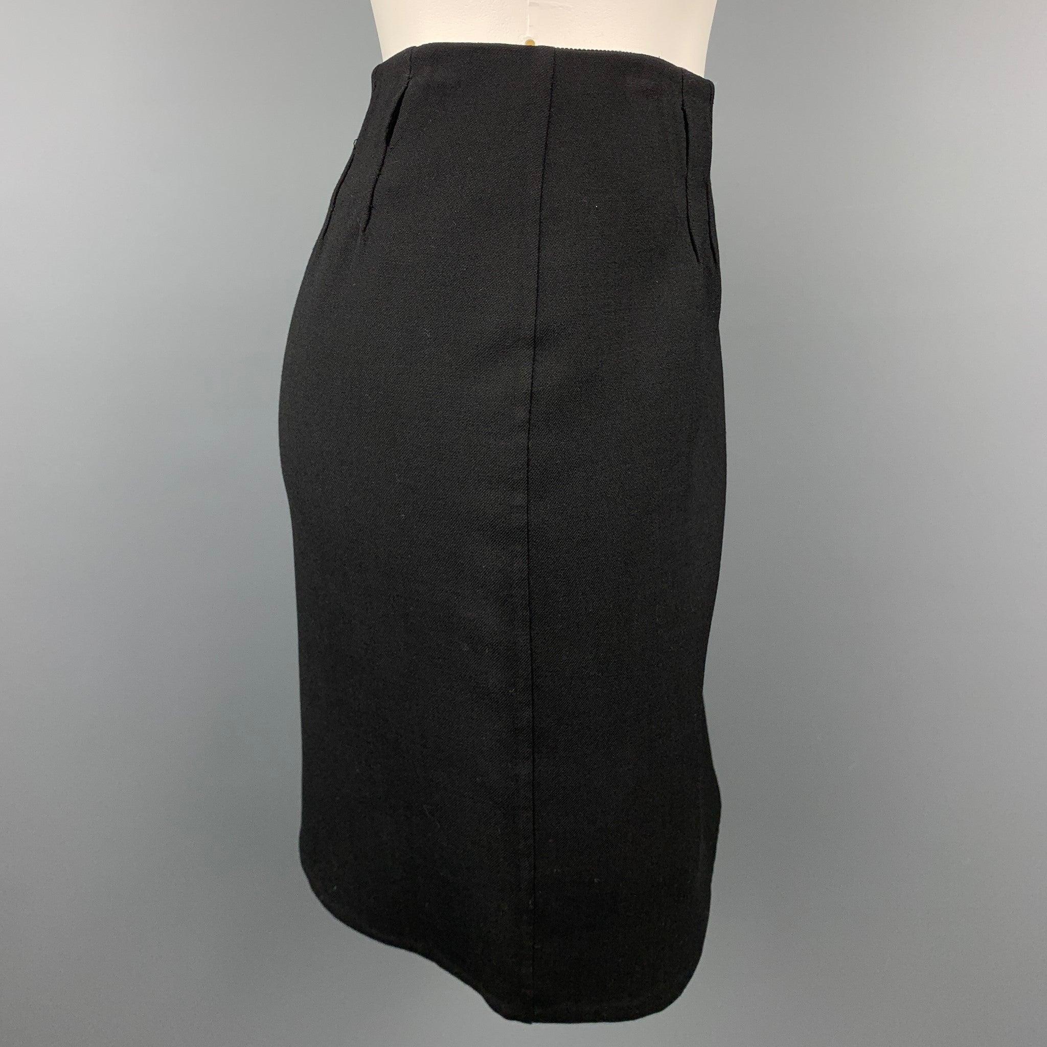 RALPH LAUREN COLLECTION skirt comes in a black twill wool blend featuring a pencil style, pleated, and a back zip up closure.
Made in USA.Very Good
Pre-Owned Condition. 

Marked:   4 

Measurements: 
  Waist: 28 inches 
Hip: 38 inches 
Length: 18