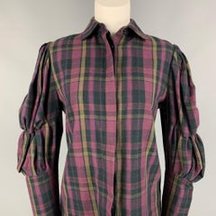 RALPH LAUREN Collection Size 4 Purple & Taupe Plaid Cotton Blouse