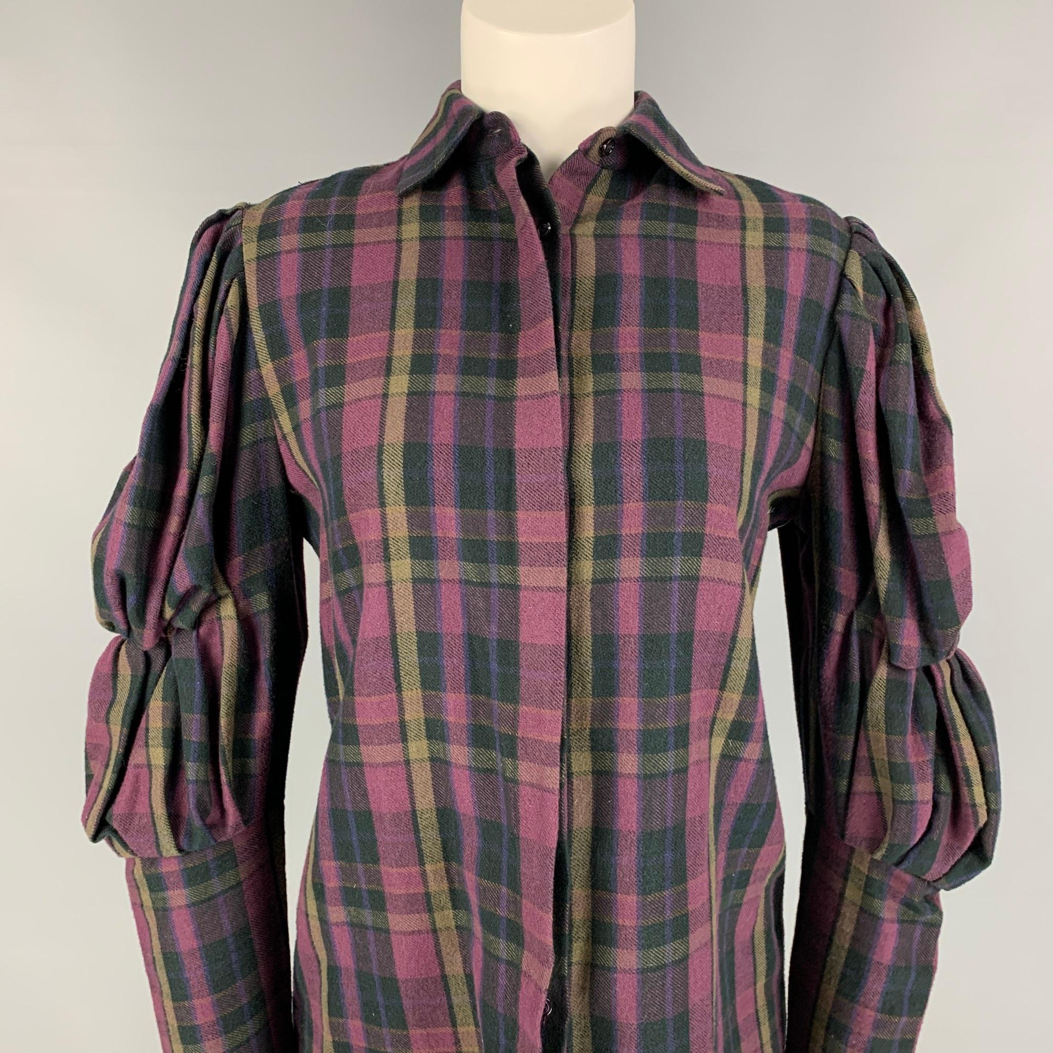 RALPH LAUREN Collection blouse comes in a purple & taupe plaid cotton featuring pleated sleeves, spread collar, and a hidden placket closure. 

Very Good Pre-Owned Condition.
Marked: 4

Measurements:

Shoulder: 14.5 in.
Bust: 36 in.
Sleeve: 28.5