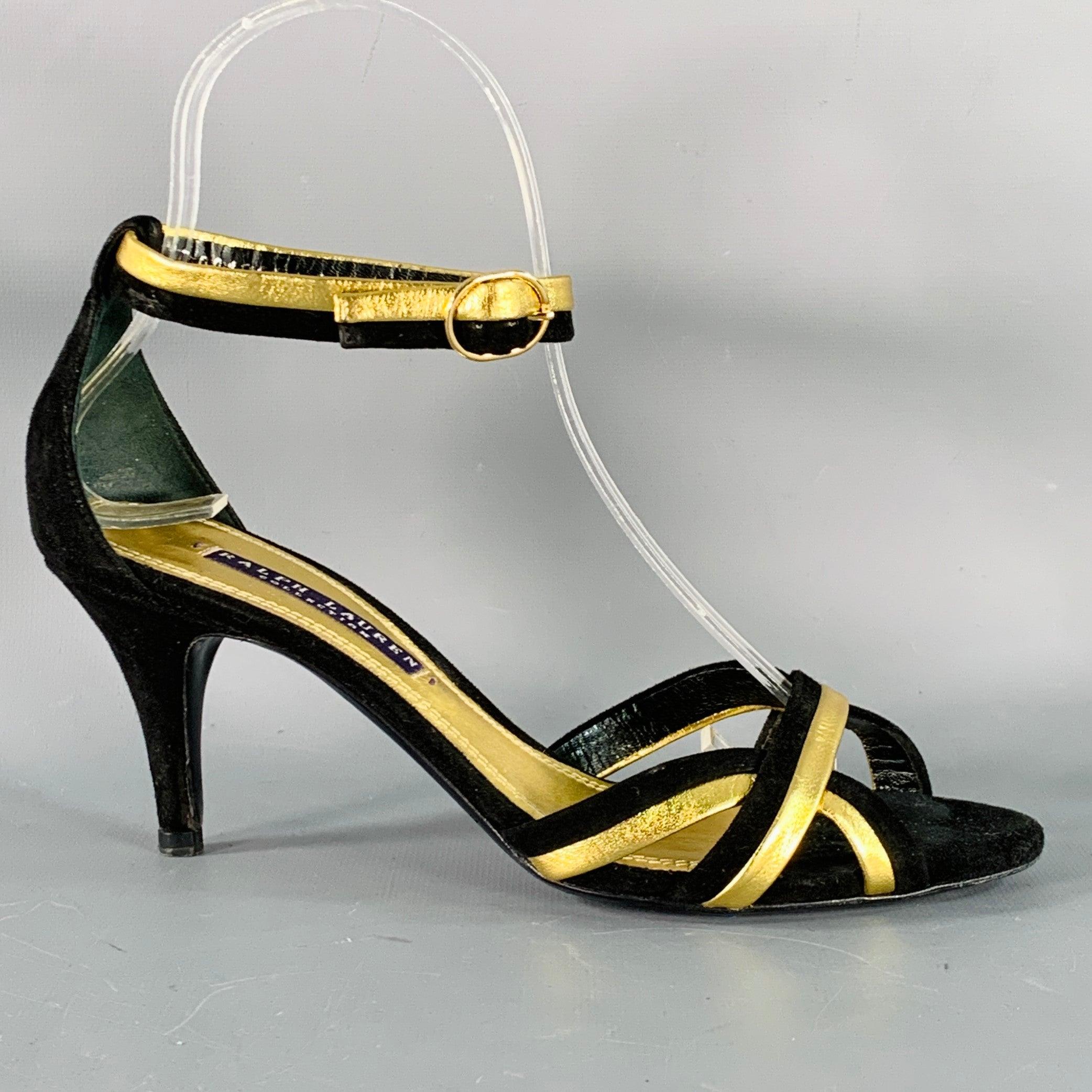 RALPH LAUREN COLLECTION sandals
in a black suede and metallic gold tone leather featuring a strappy two tone design, and ankle strap closure. Made in Italy.Good Pre-Owned Condition. Signs of wear at toes. 

Marked:   091911 6 B 

Measurements: 
 