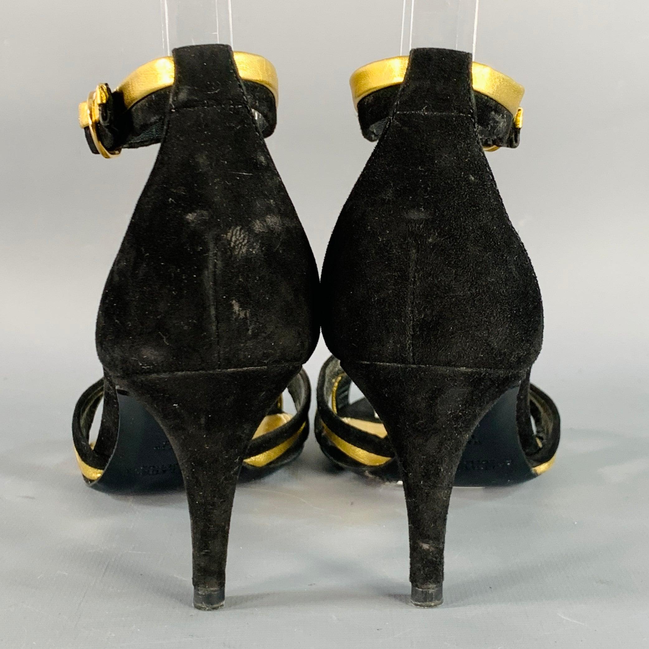 RALPH LAUREN COLLECTION Size 6 Black Metallic Gold Suede Leather Strappy Ankle Strap Sandals In Good Condition For Sale In San Francisco, CA