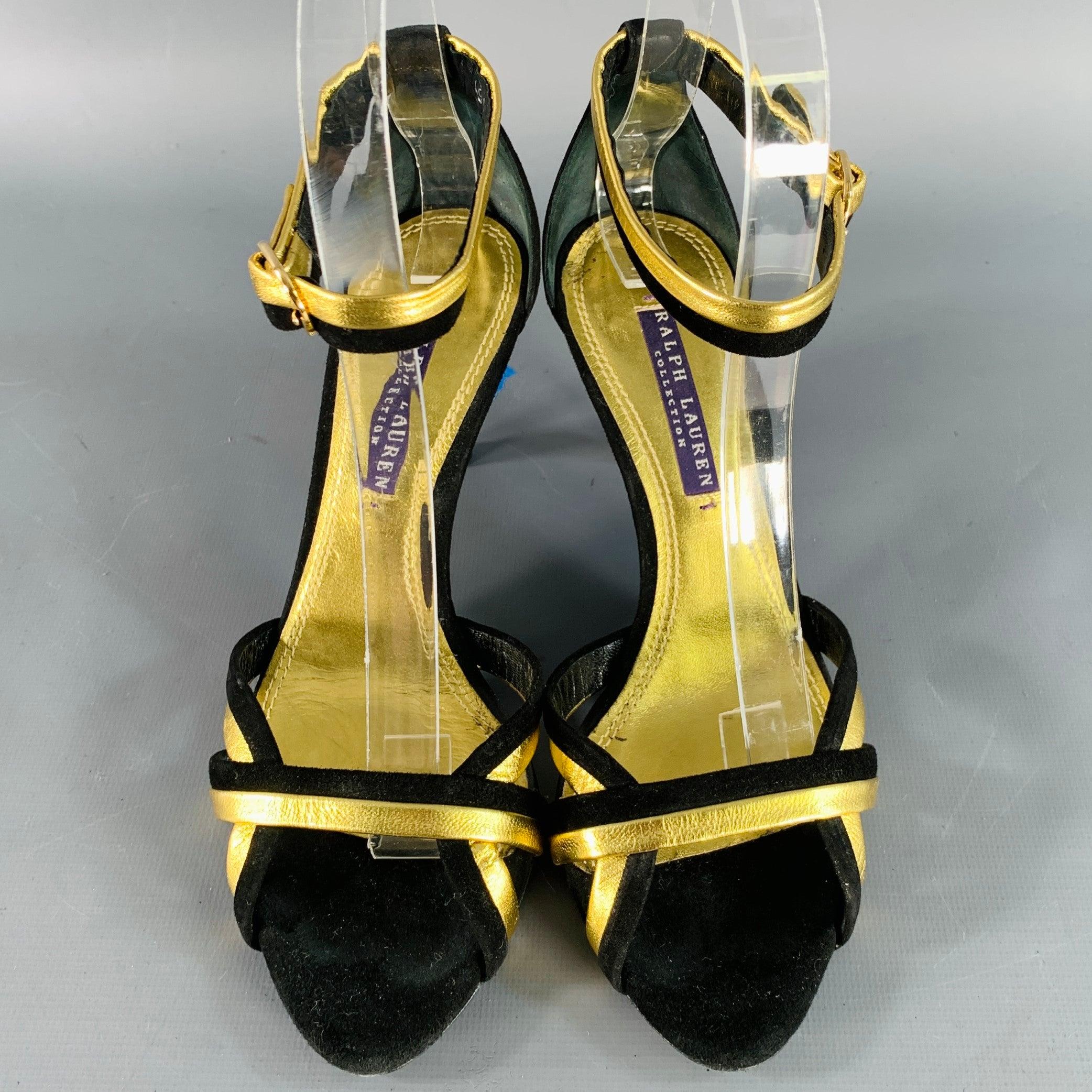 Women's RALPH LAUREN COLLECTION Size 6 Black Metallic Gold Suede Leather Strappy Ankle Strap Sandals For Sale