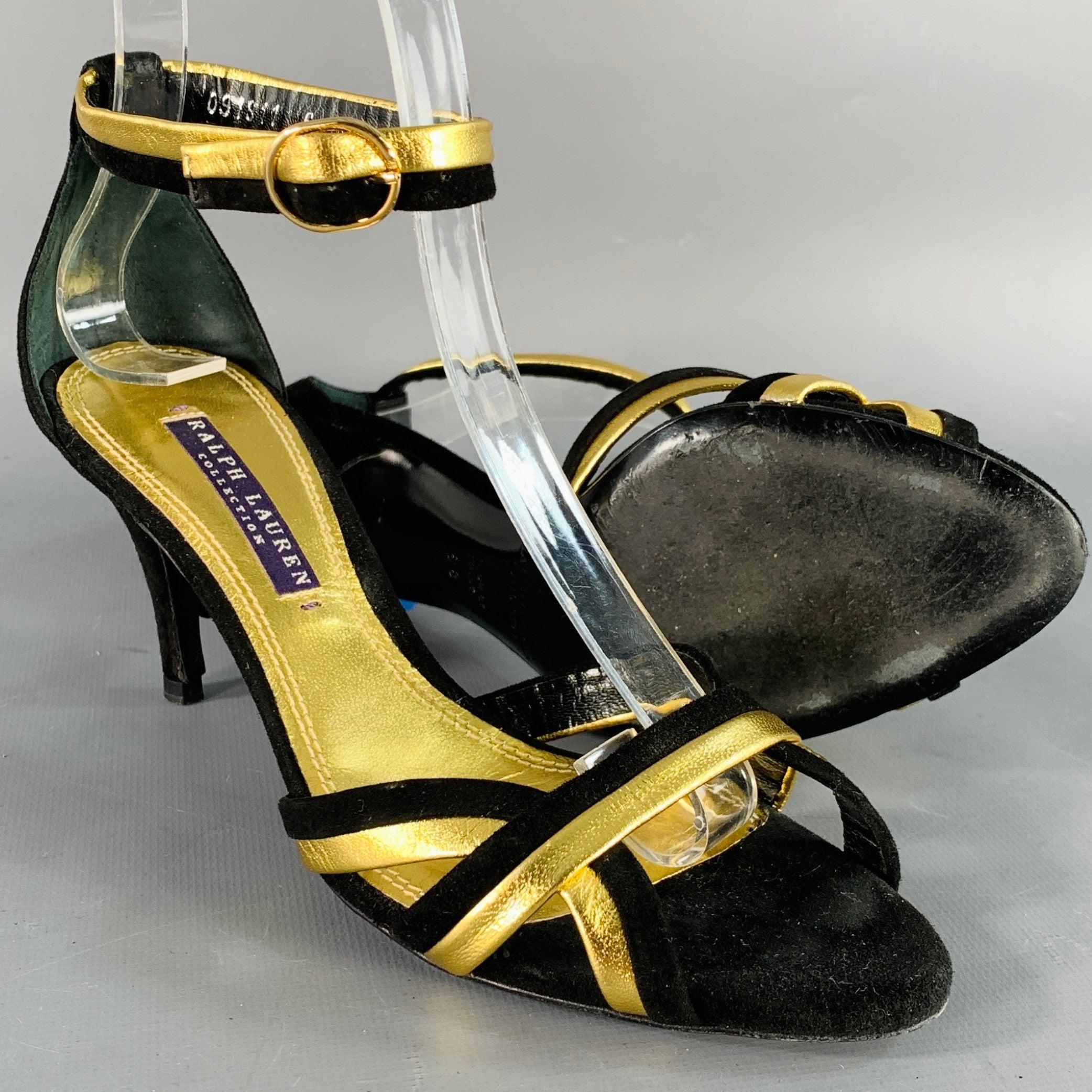 RALPH LAUREN COLLECTION Size 6 Black Metallic Gold Suede Leather Strappy Ankle Strap Sandals For Sale 1