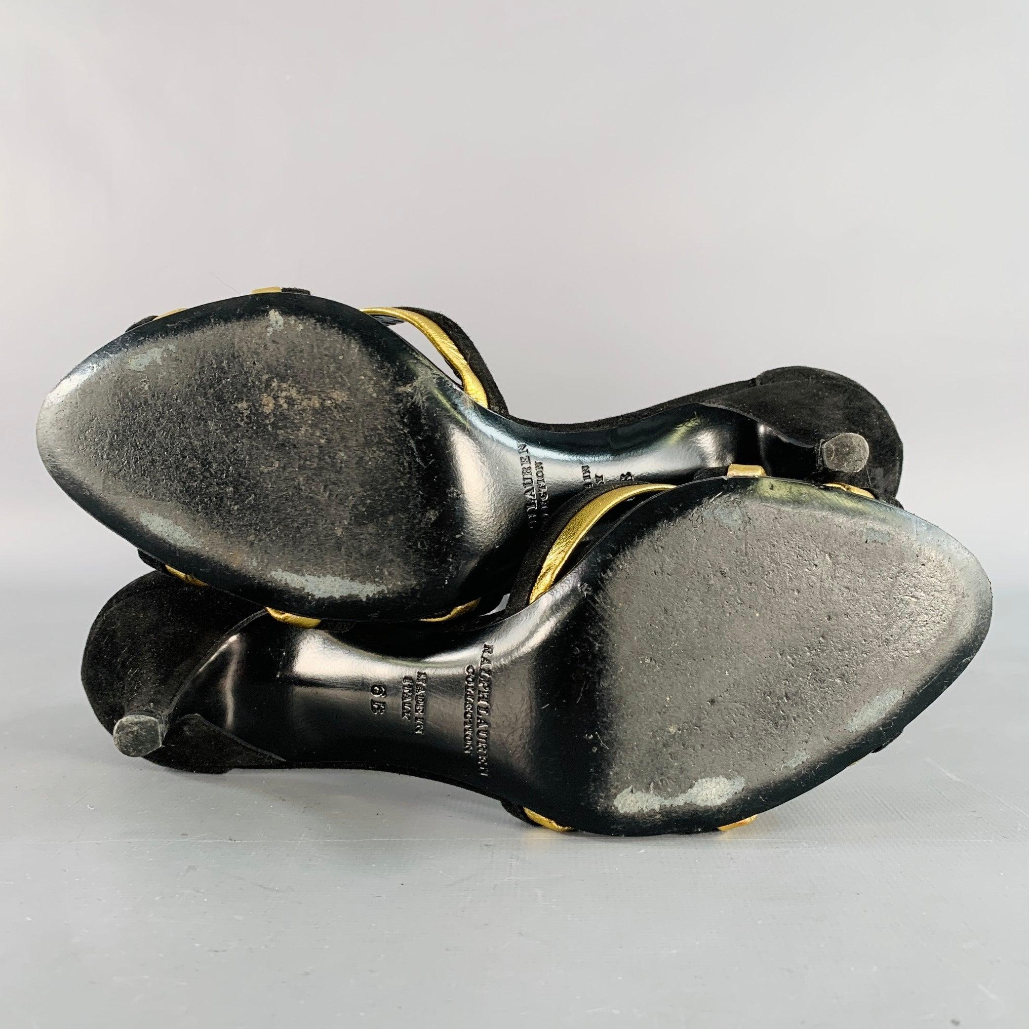 RALPH LAUREN COLLECTION Size 6 Black Metallic Gold Suede Leather Strappy Ankle Strap Sandals For Sale 2