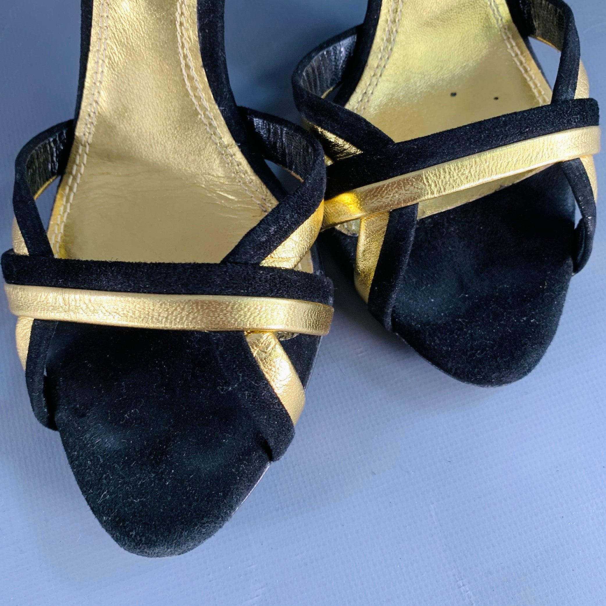 RALPH LAUREN COLLECTION Size 6 Black Metallic Gold Suede Leather Strappy Ankle Strap Sandals For Sale 5