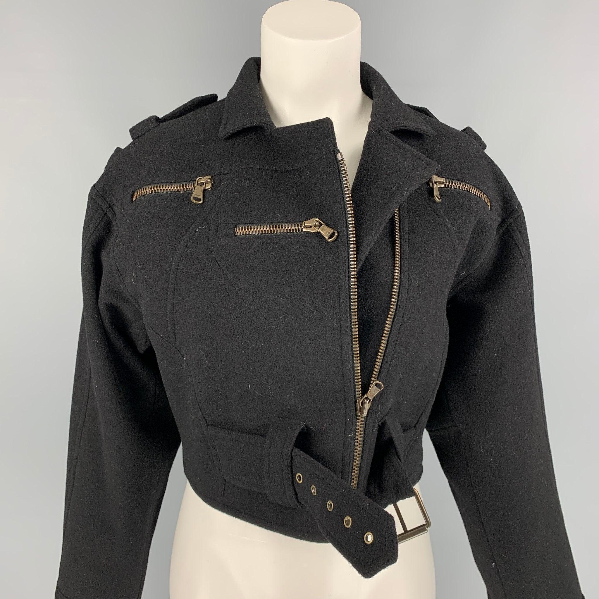 RALPH LAUREN Collection jacket comes in a black wool / cashmere featuring a cropped style, belted, zipper pockets, and a zip up closure. Made in Italy.
Very Good
Pre-Owned Condition. 

Marked:   6 

Measurements: 
 
Shoulder: 18 inches  Bust: 38