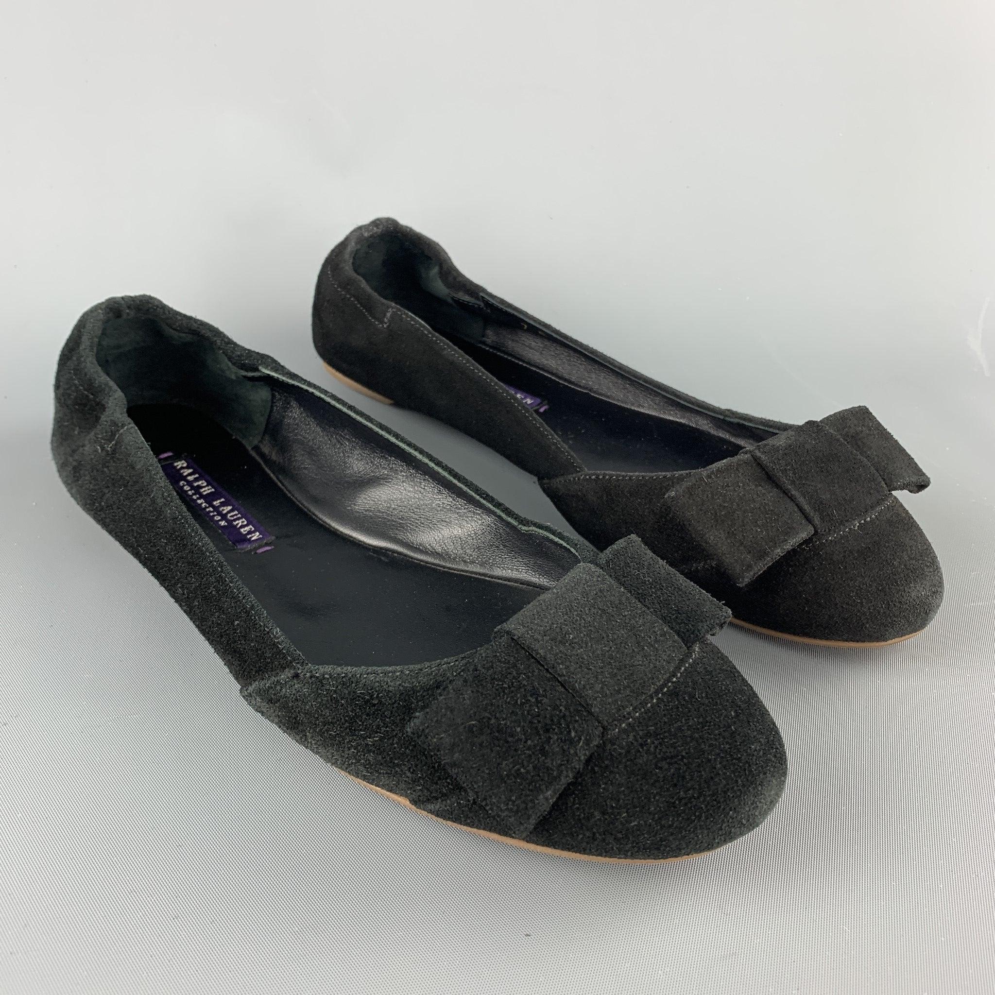 RALPH LAUREN COLLECTION Size 7 Black Suede Bow Flats In Good Condition For Sale In San Francisco, CA