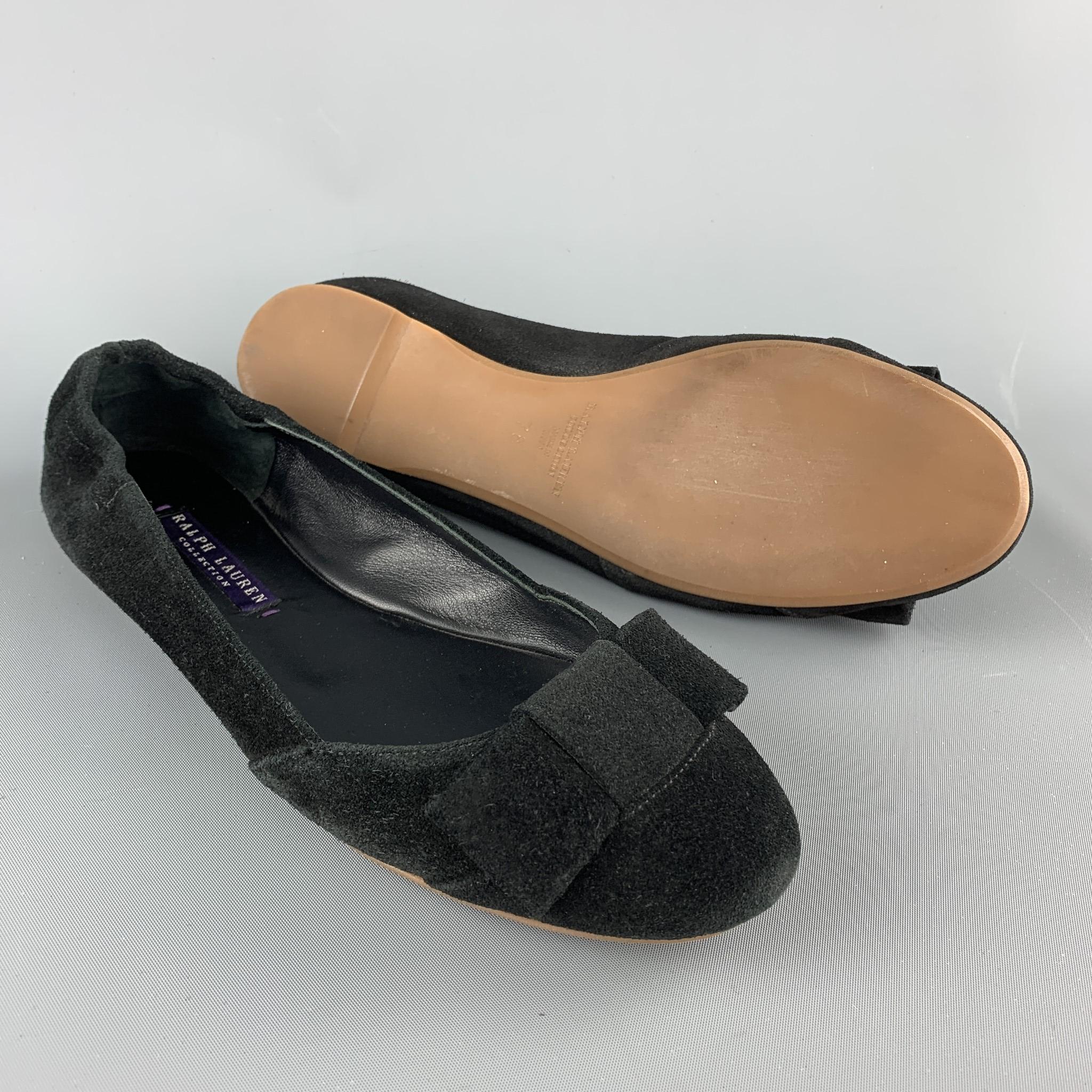 RALPH LAUREN COLLECTION Size 7 Black Suede Bow Flats In Excellent Condition In San Francisco, CA